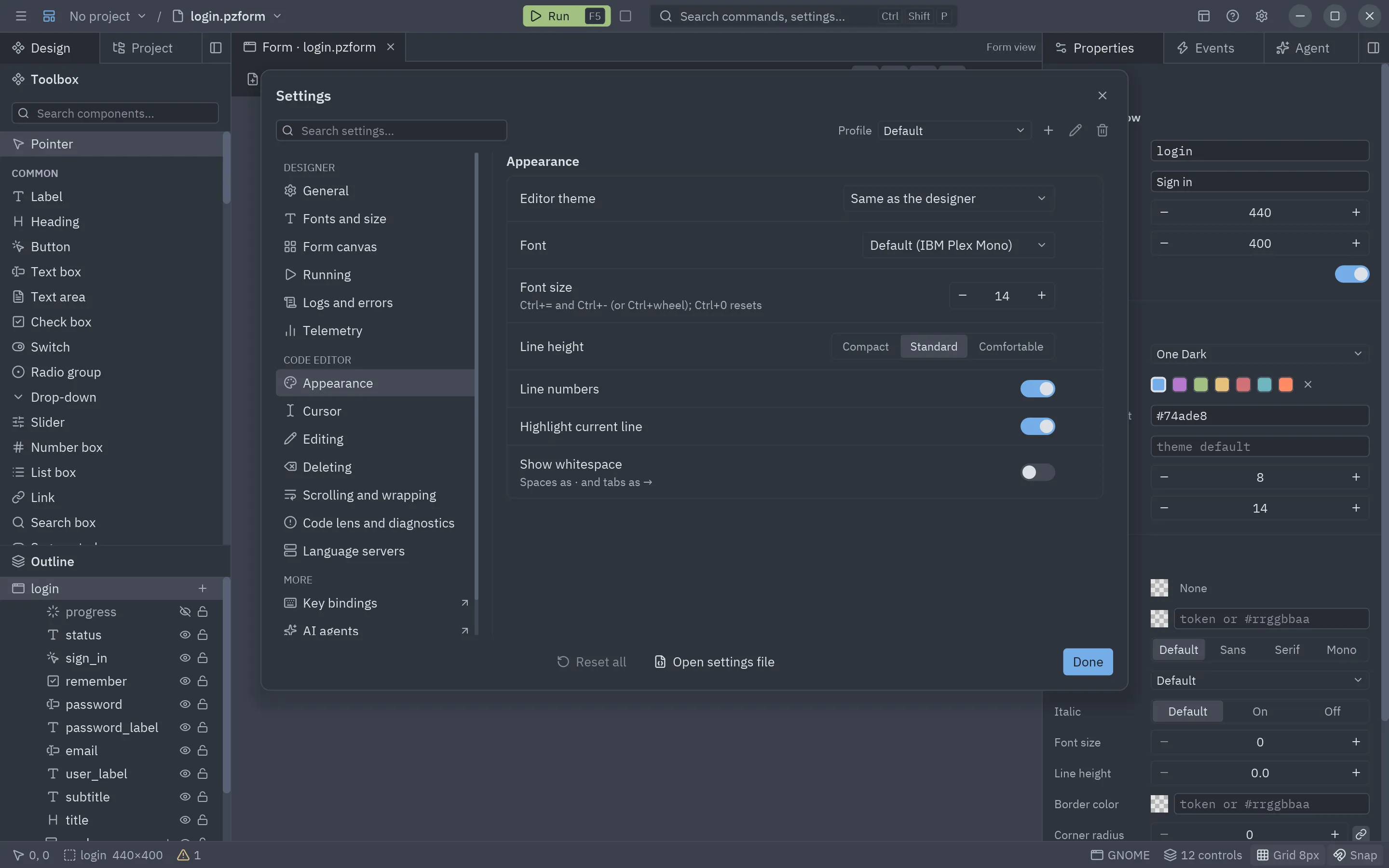 Editor settings with the index of sections