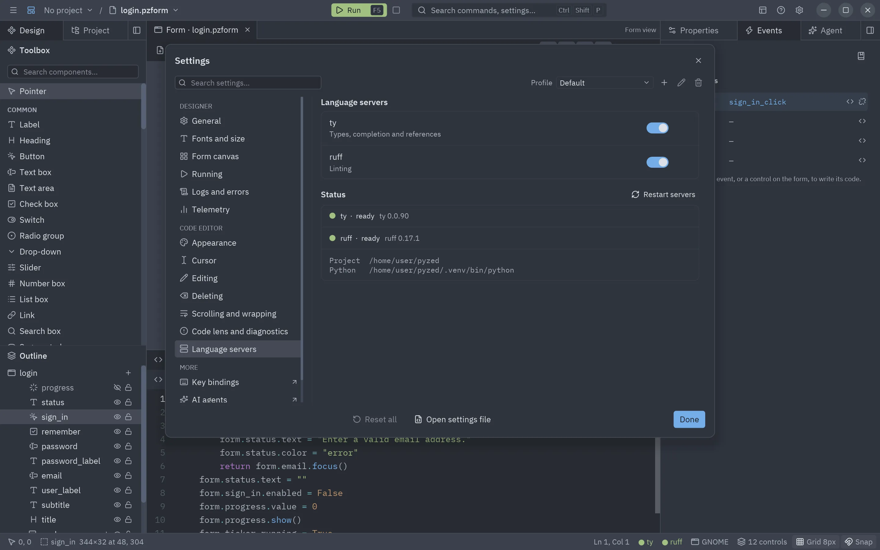 The Language servers section of the editor settings: ty and ruff with their state and version, the project root and the Python in use