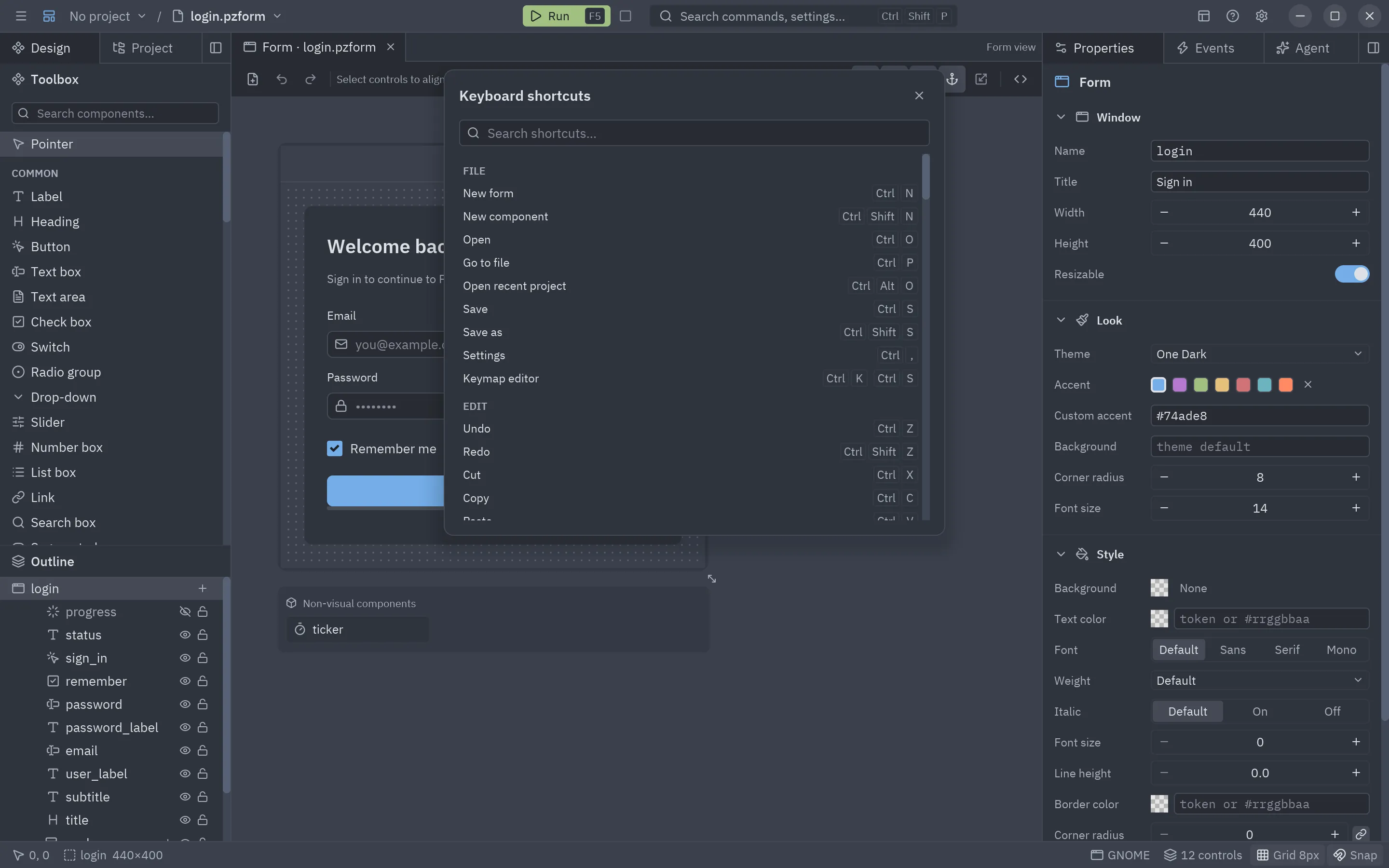 The keyboard shortcuts dialog