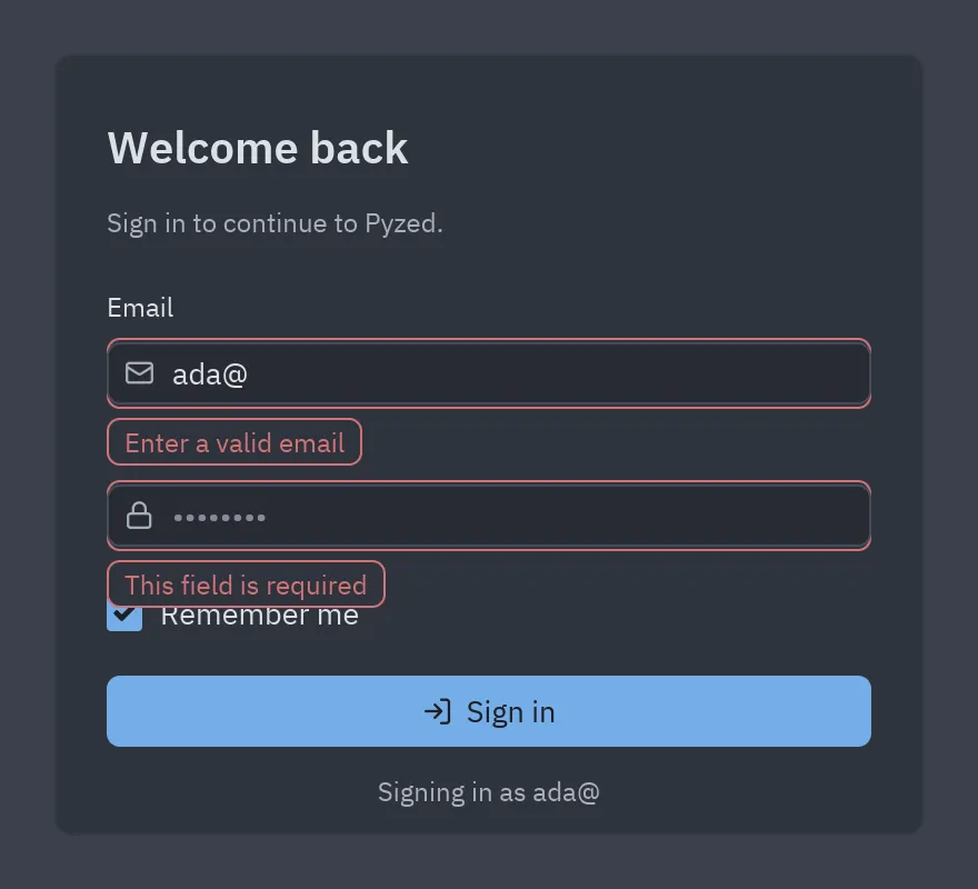 The running login form: the email fails its pattern and the empty password is required