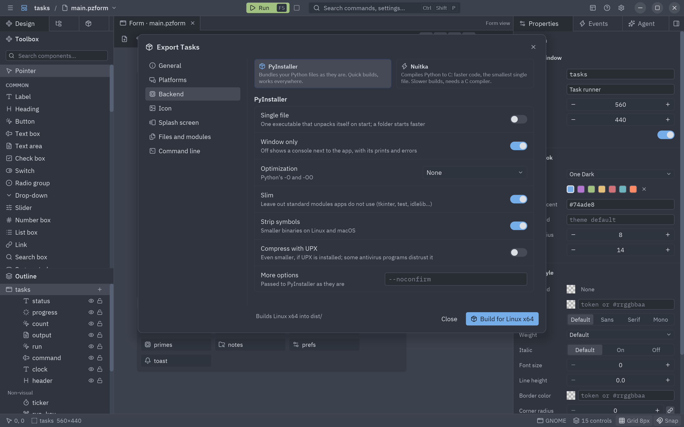 The Backend section with the PyInstaller and Nuitka cards and the build options