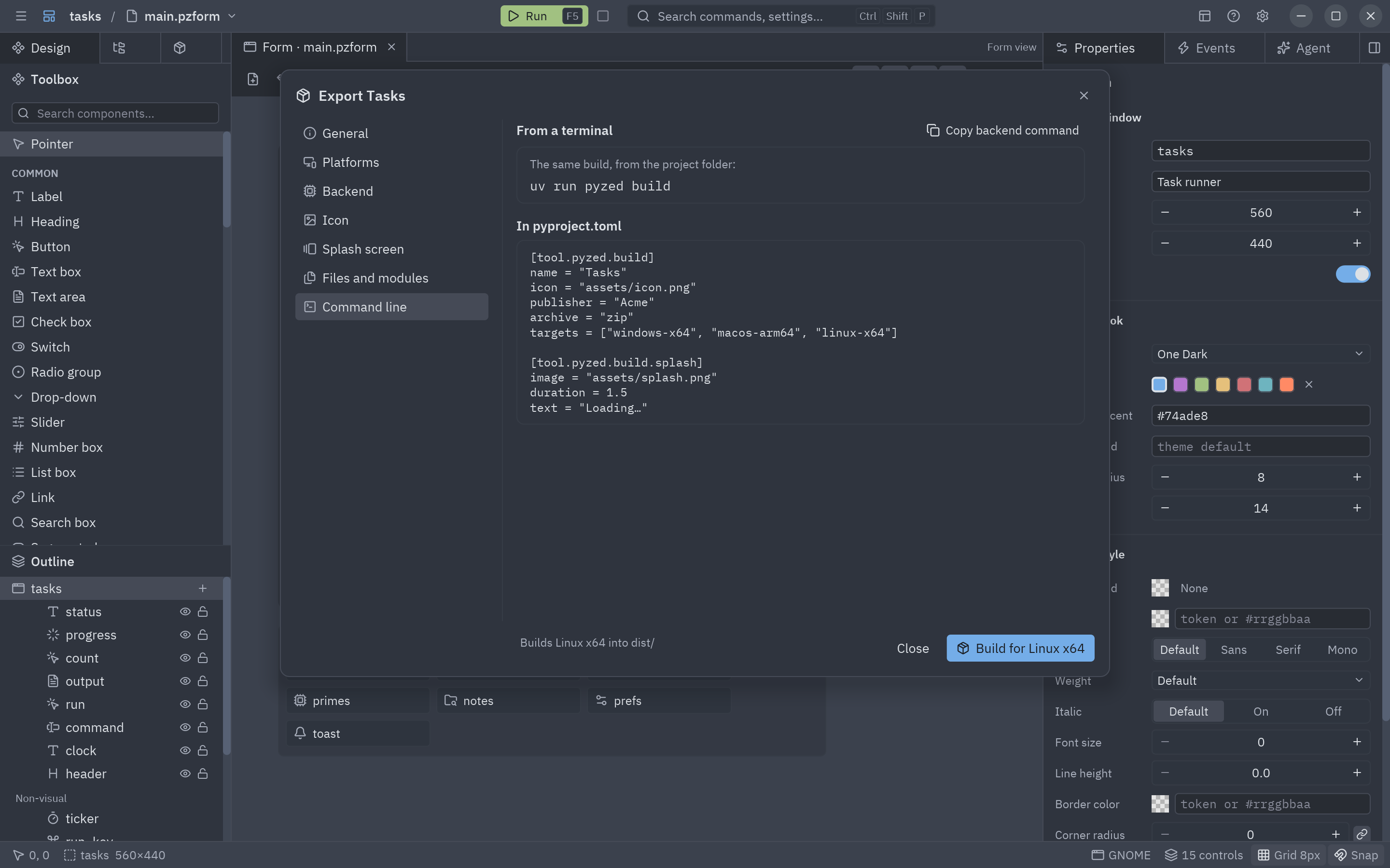 The Command line section: uv run pyzed build and the [tool.pyzed.build] table
