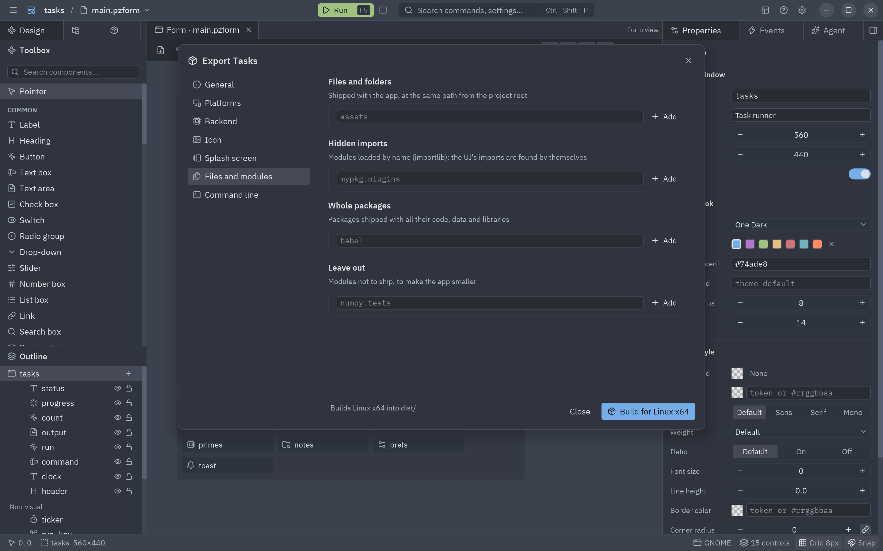 The Files and modules section: lists of files and folders, hidden imports, whole packages and modules to leave out
