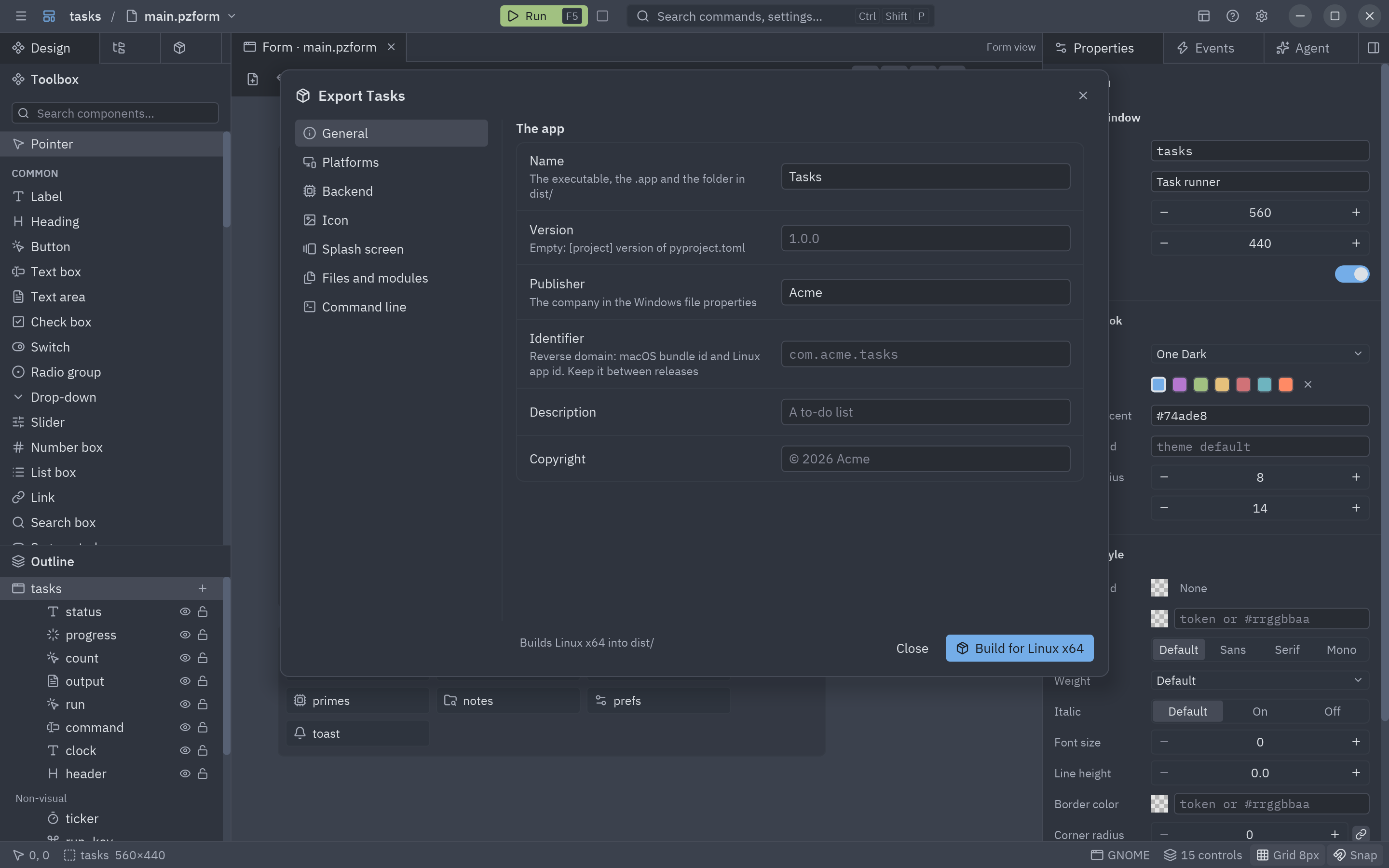 The General section: name, version, publisher, identifier, description and copyright