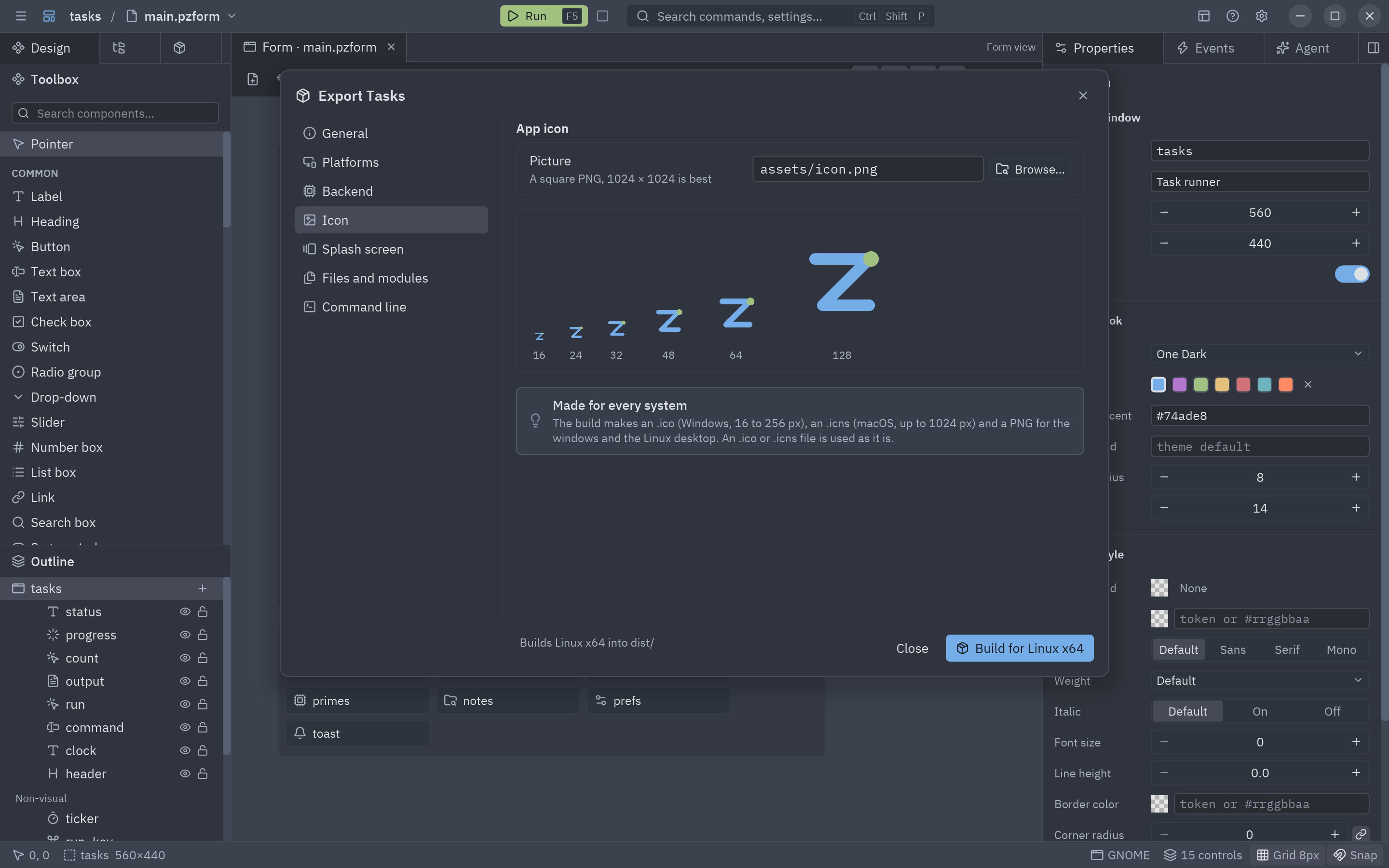 The Icon section with assets/icon.png chosen and a preview at 16, 24, 32, 48, 64 and 128 pixels