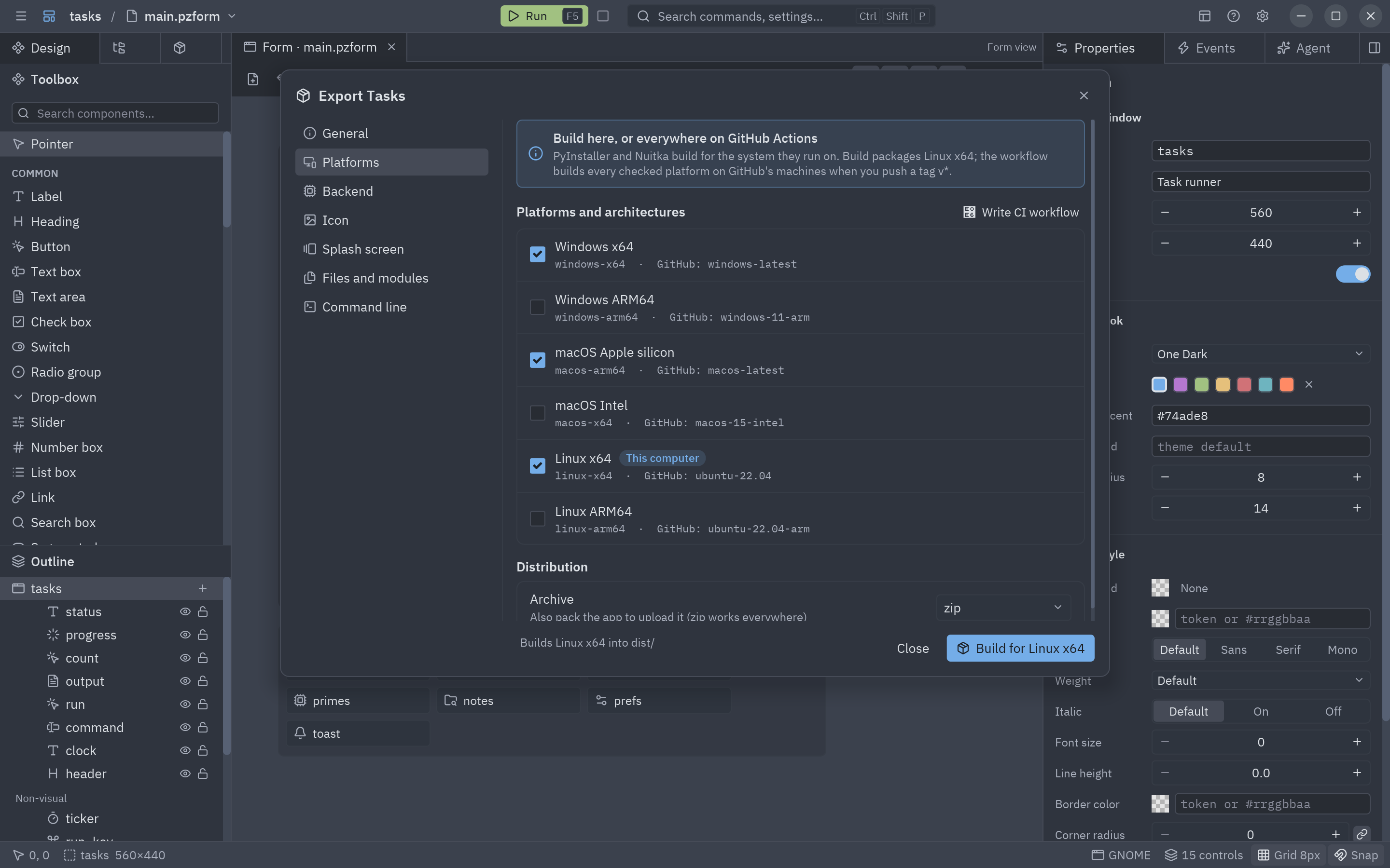 The Export dialog on its Platforms section: six platforms with a check box each, Linux x64 marked as this computer