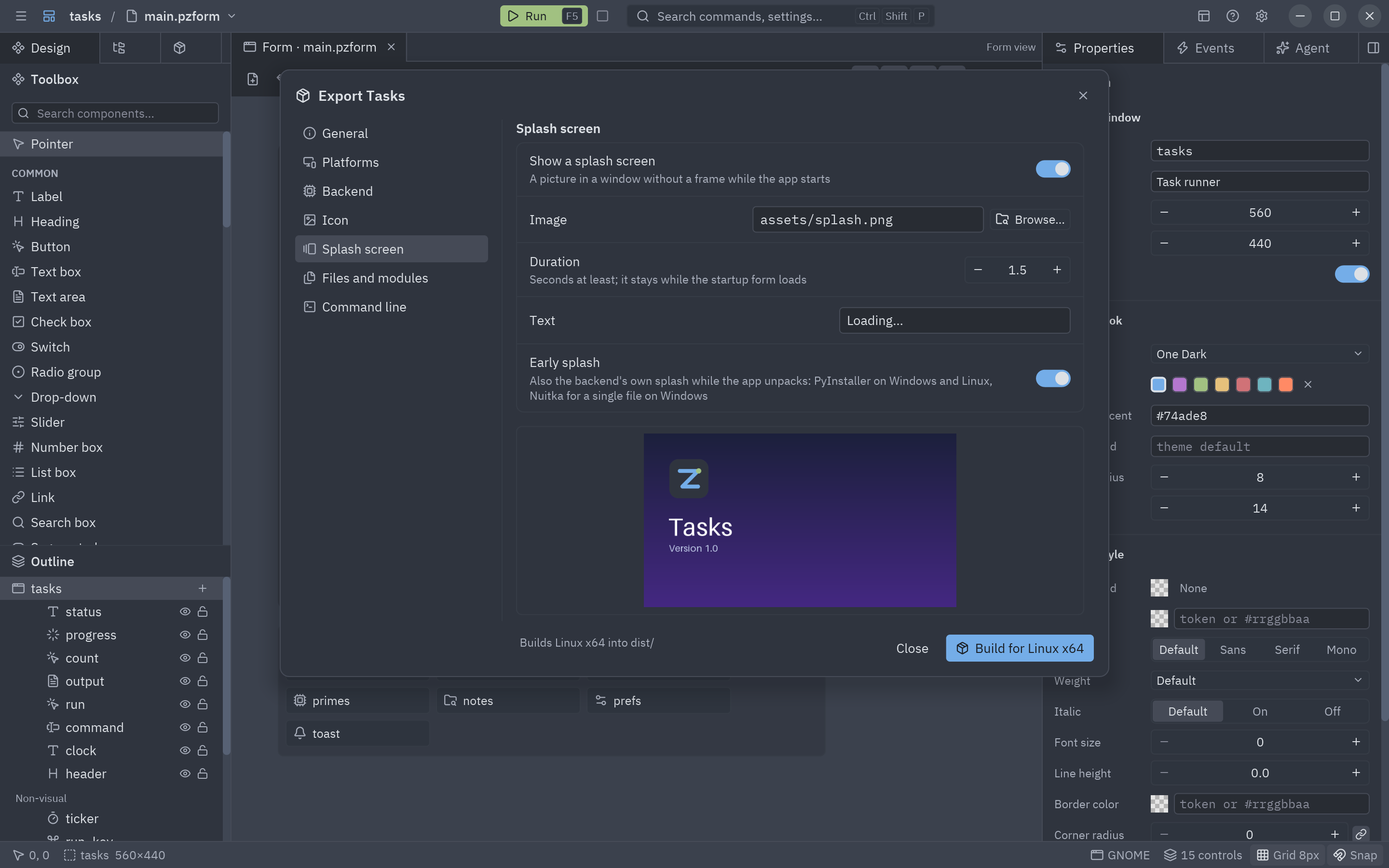The Splash screen section: image, duration, text and early splash, with a preview of the image