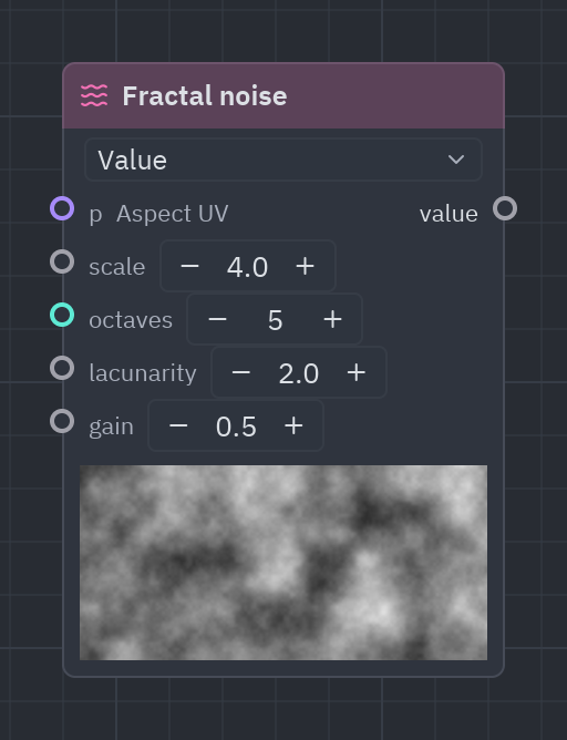The Fractal noise node as it looks in the Shader view, with its preview