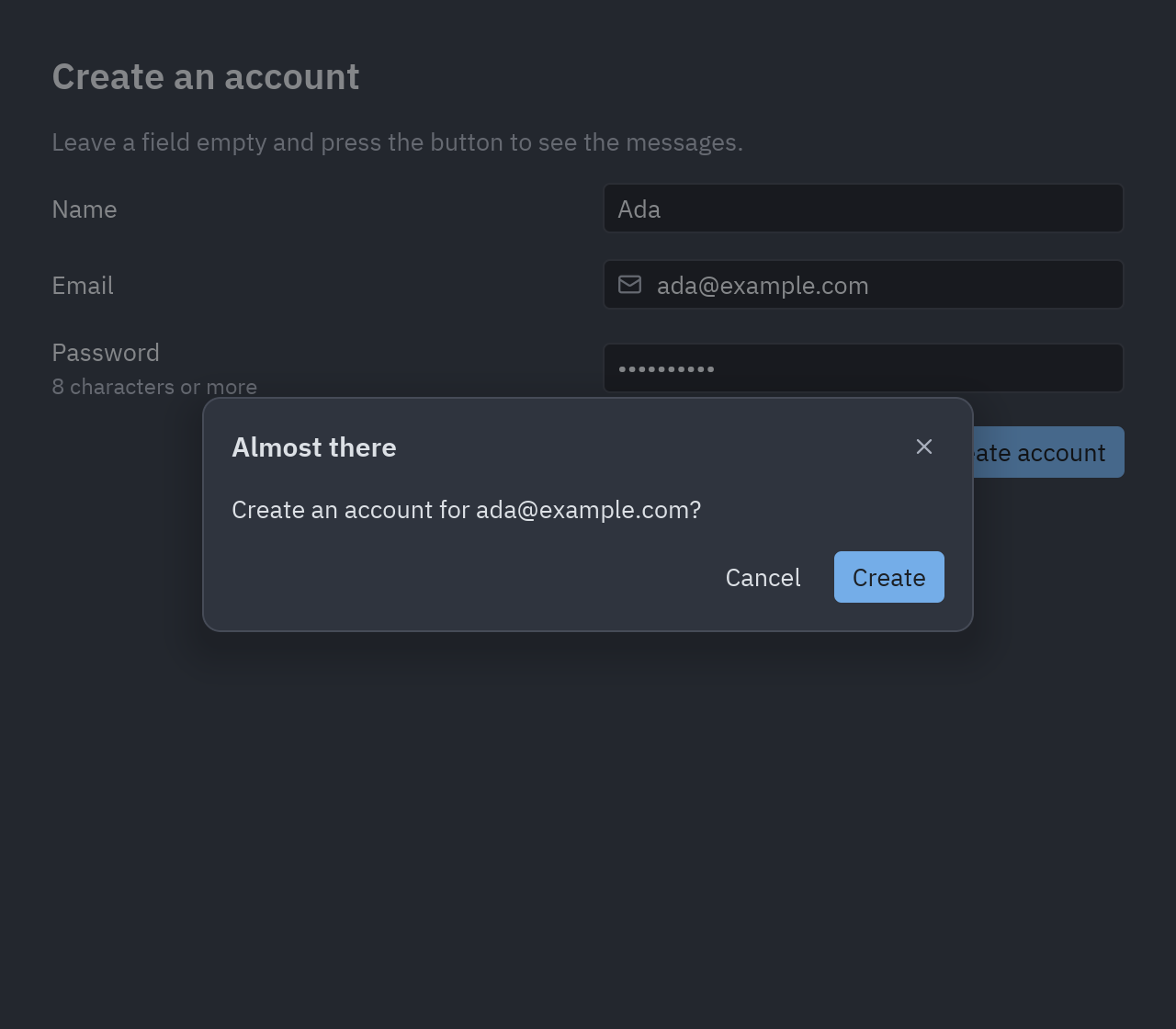 A confirmation dialog over the dimmed form