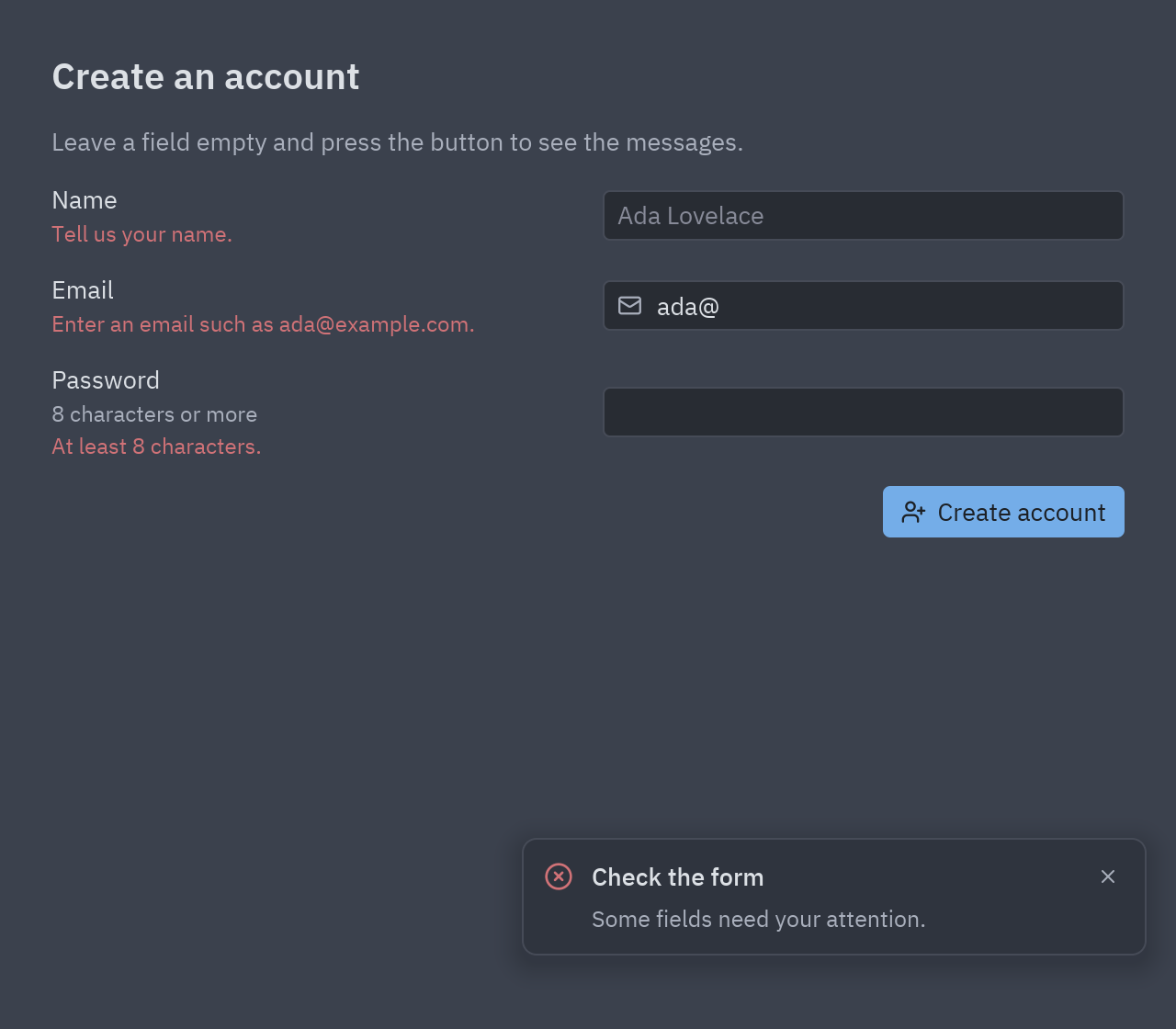The sign-up form with an error under each field and an error toast in the corner