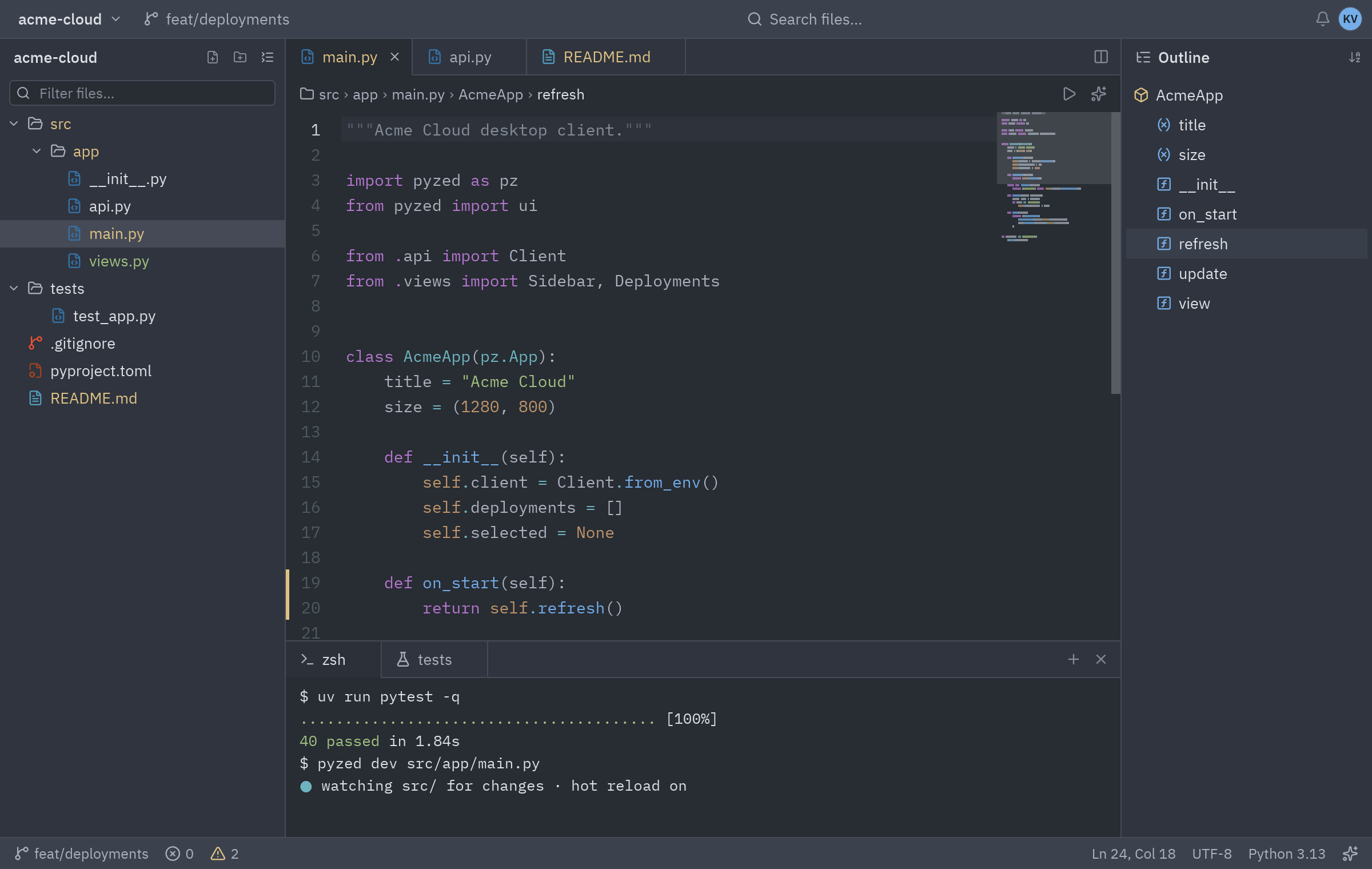 An IDE layout with a project tree, editor and terminal