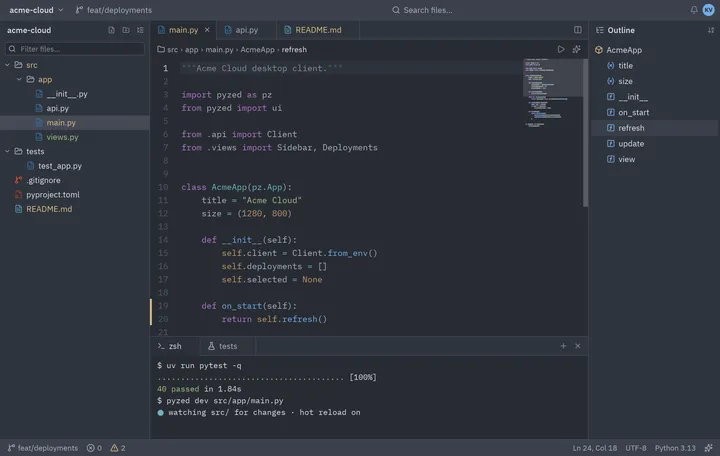 File explorer and IDE: Python screen built with Pyzed