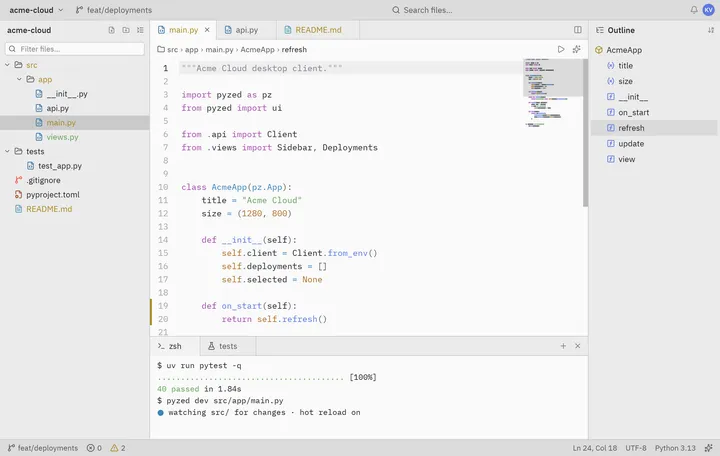 File explorer and IDE: Python screen built with Pyzed