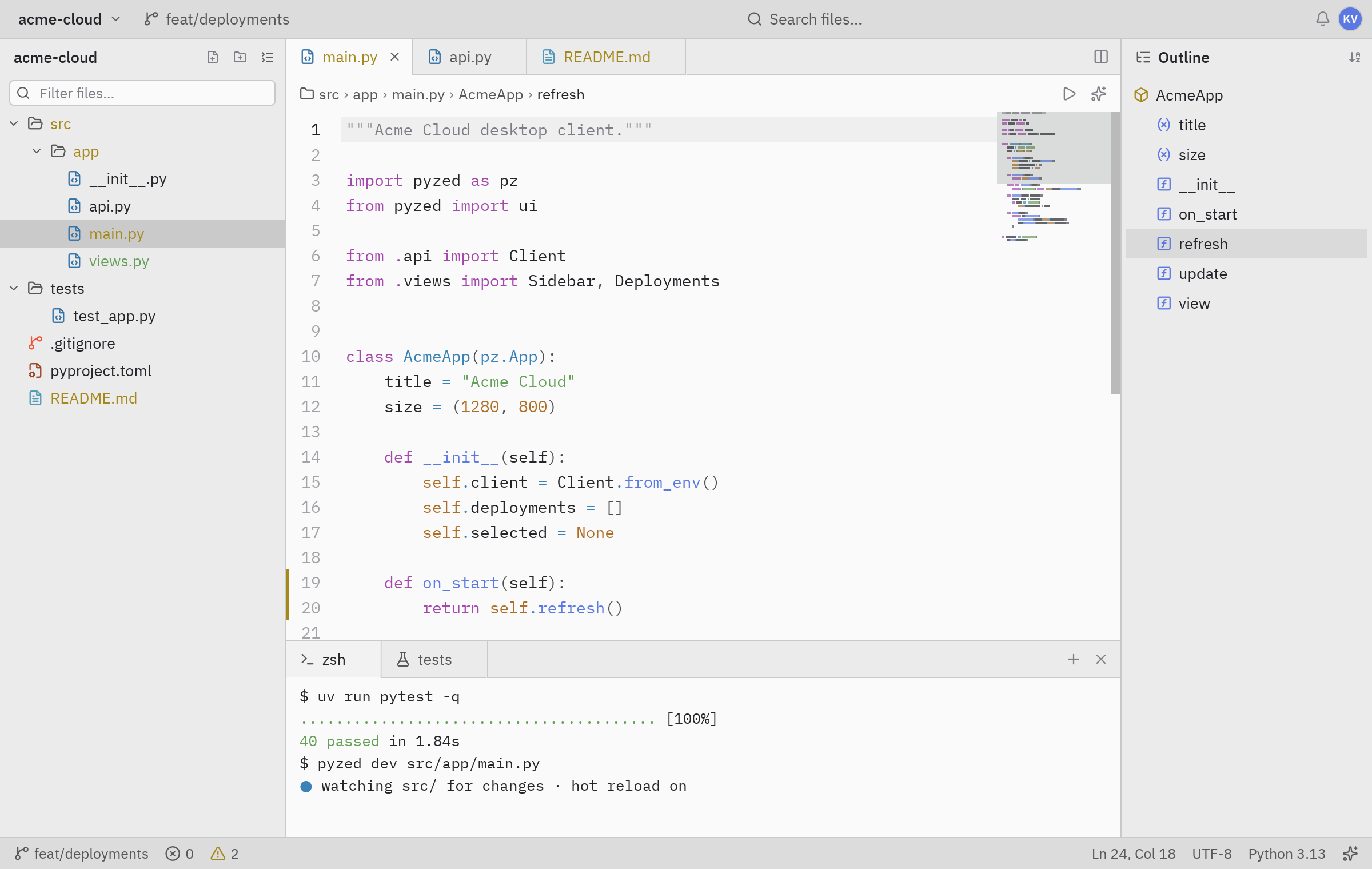 An IDE layout with a project tree, editor and terminal