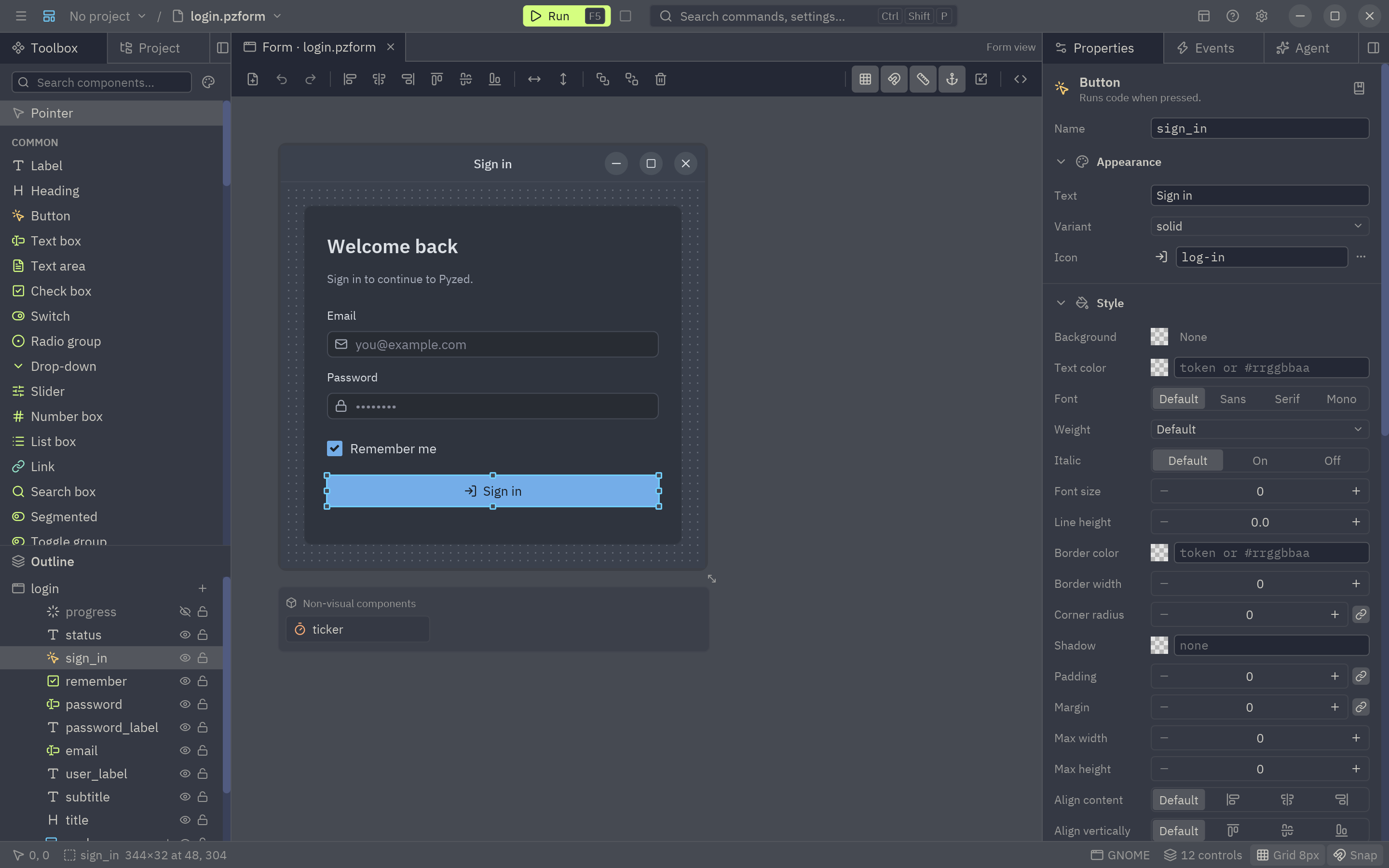 Pyzed Design in the Ayu theme with the sign-in form open