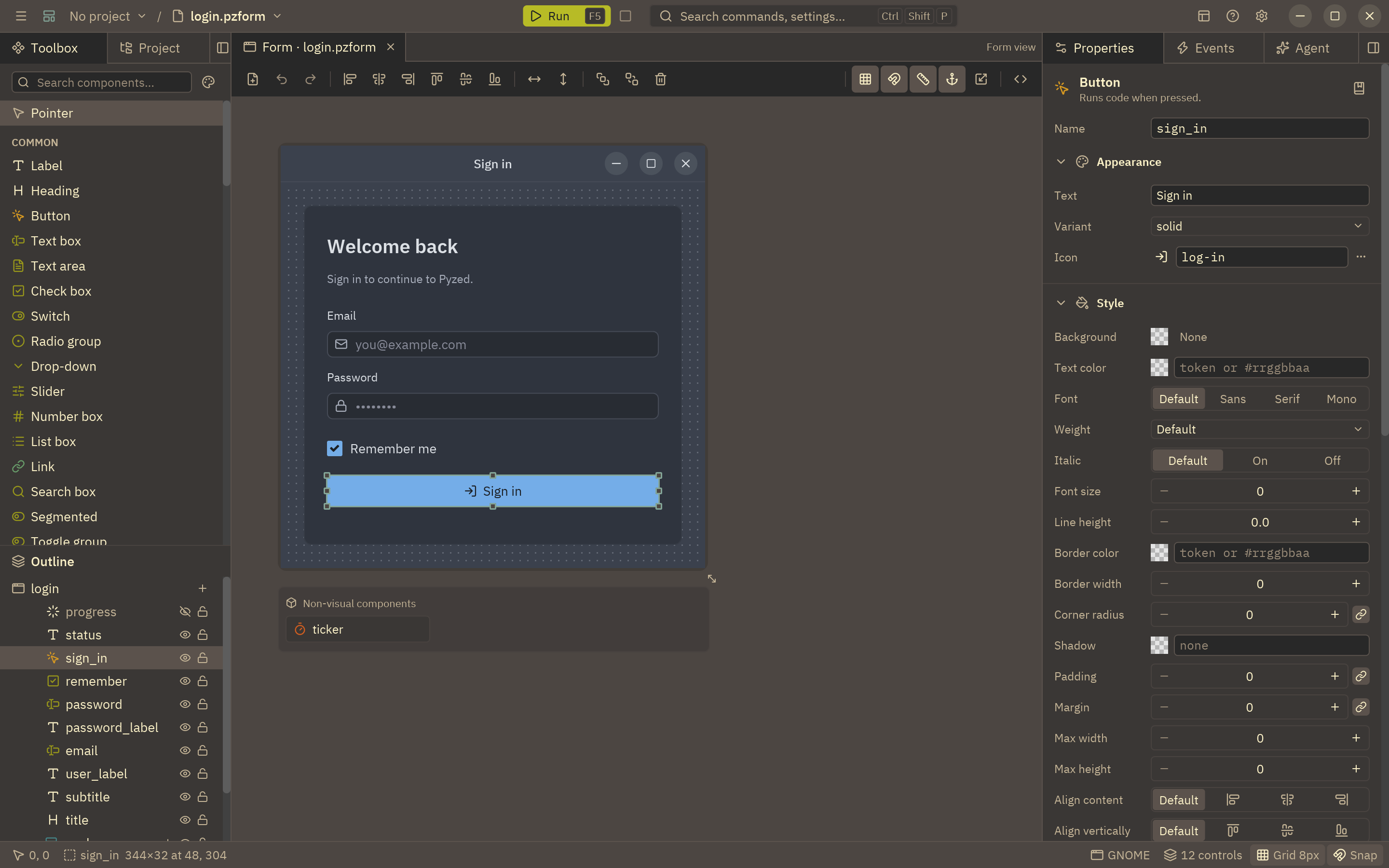 Pyzed Design in the Gruvbox theme with the sign-in form open