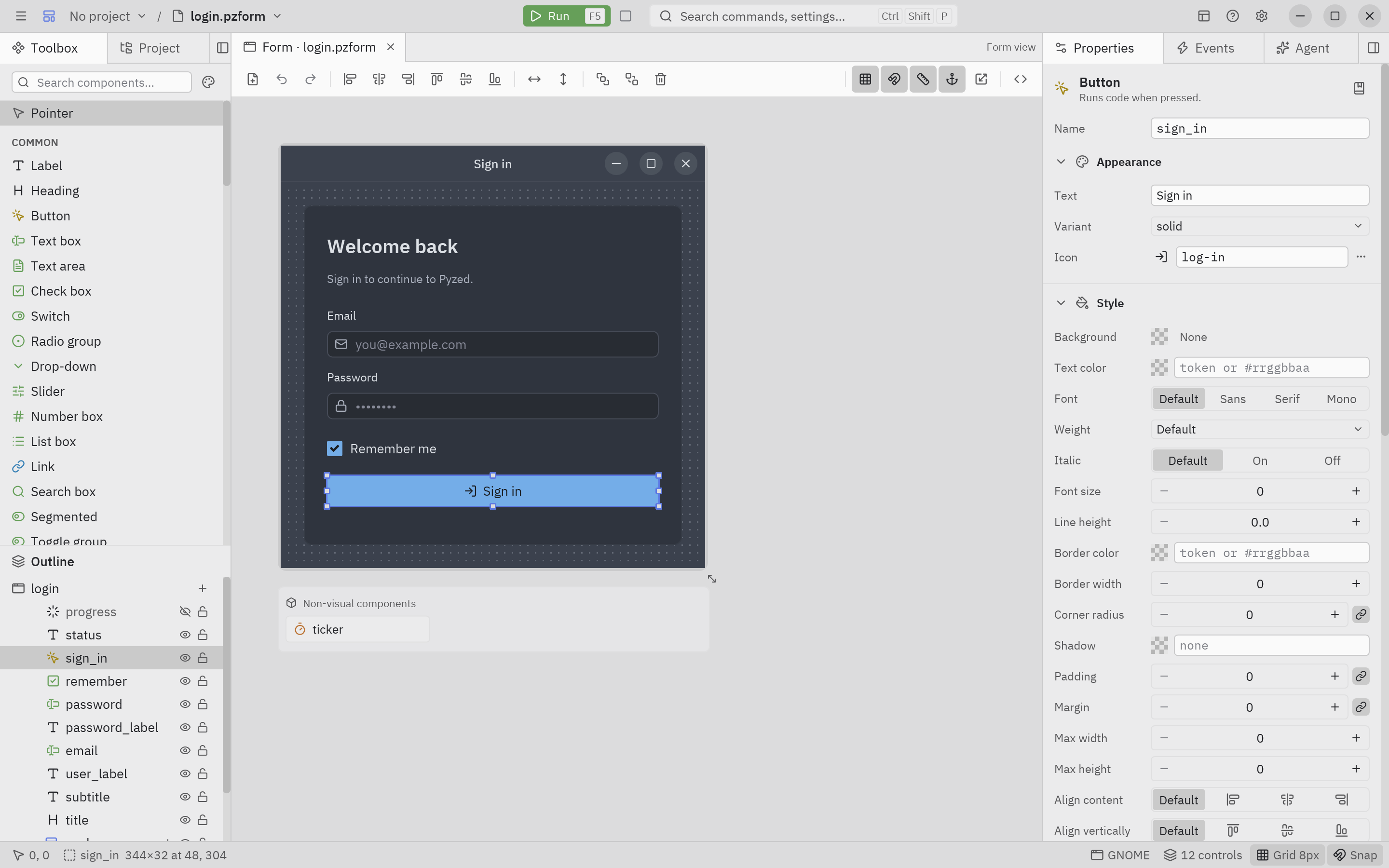 Pyzed Design with the login example open