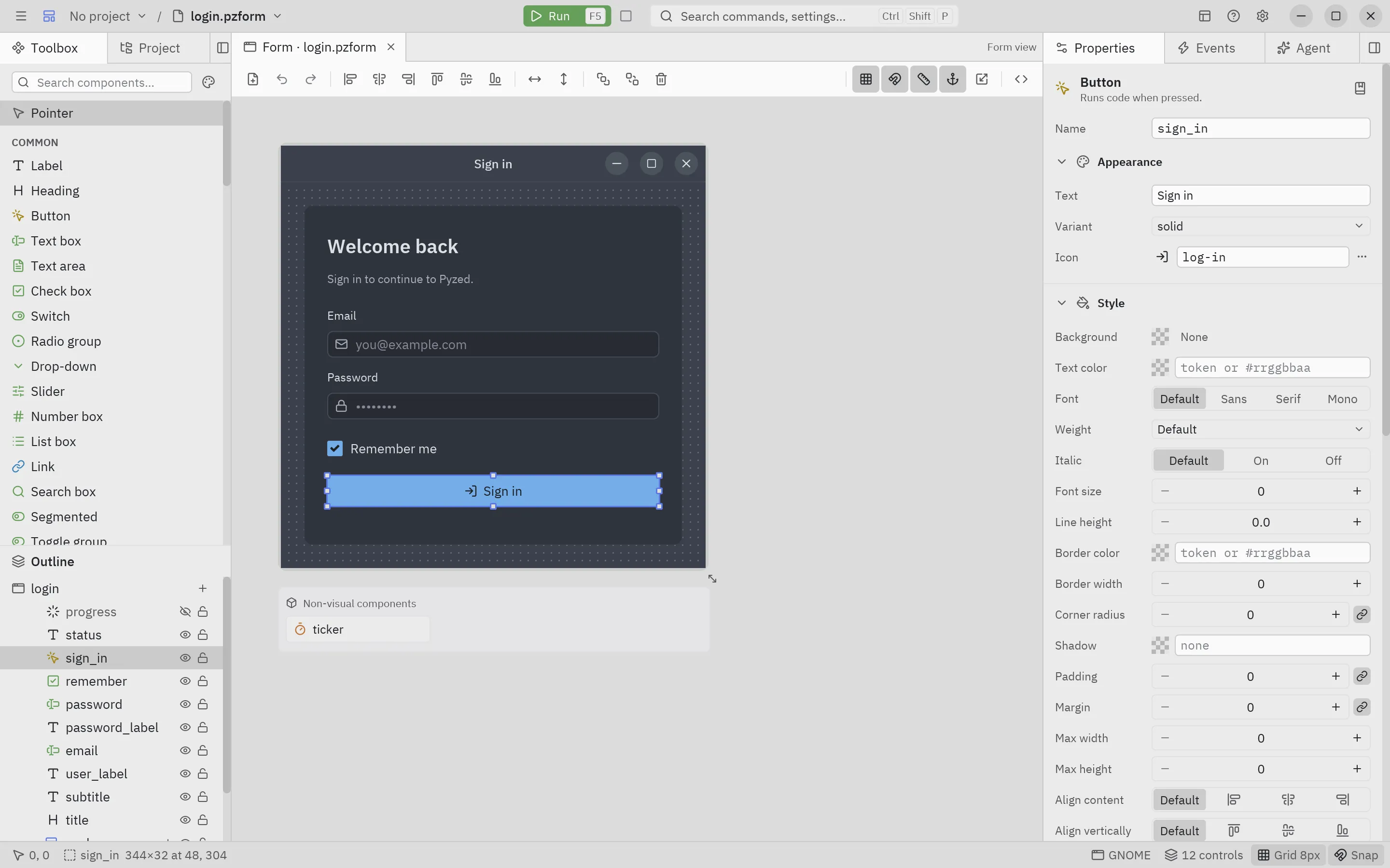 Pyzed Design with a sign-in form open: toolbox and outline on the left, the form in the center and its properties on the right