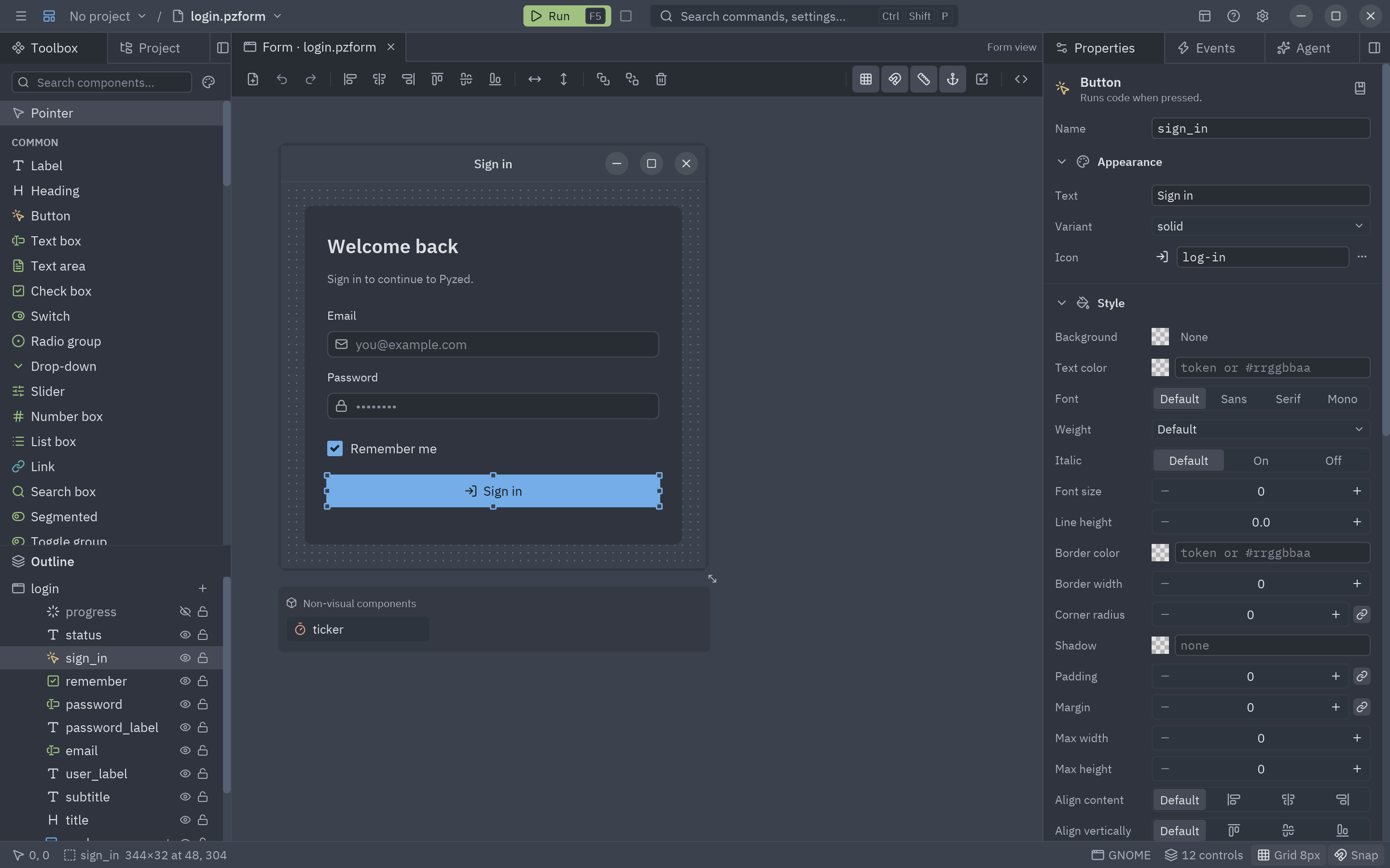 Pyzed Design with the login example open
