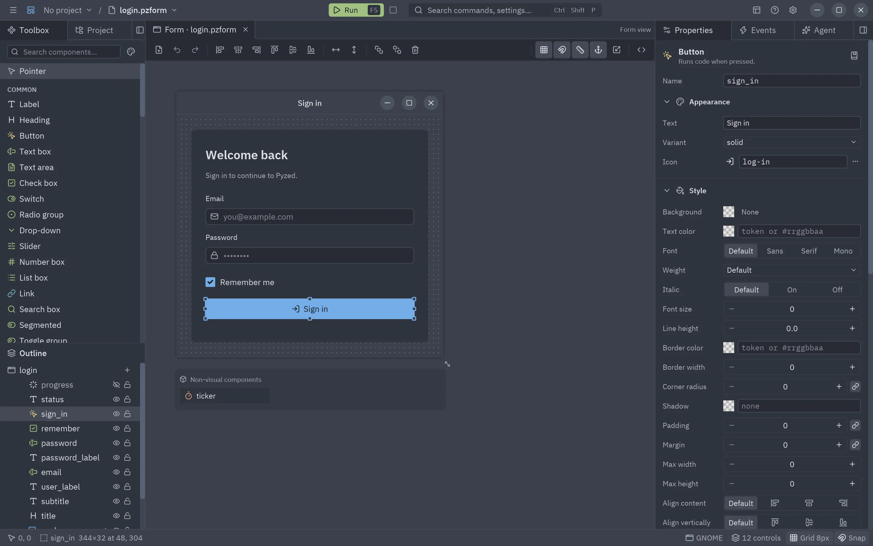 Pyzed Design with a sign-in form open: toolbox and outline on the left, the form in the center and its properties on the right