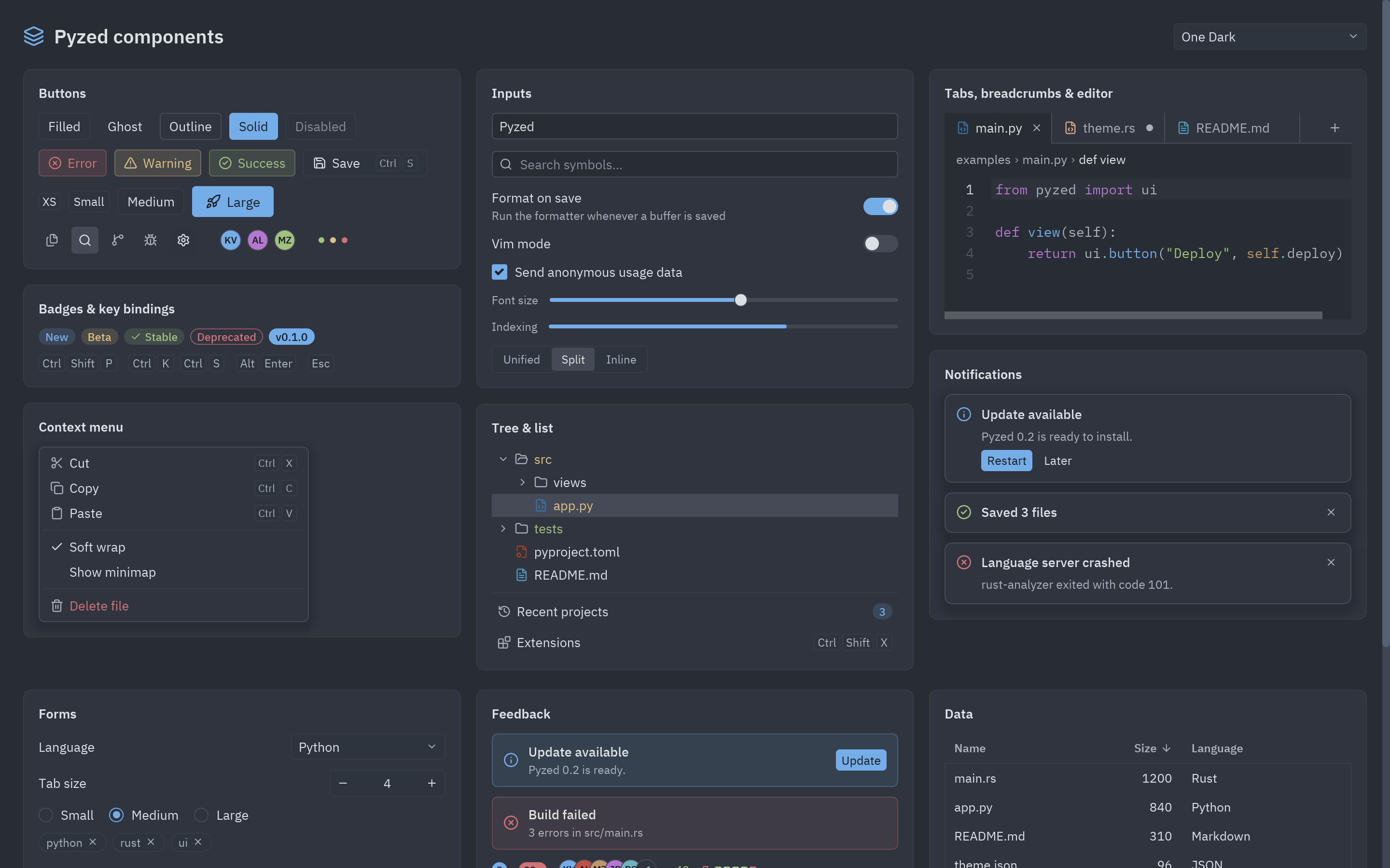 The component gallery: buttons, inputs, tabs, menus, trees and notifications
