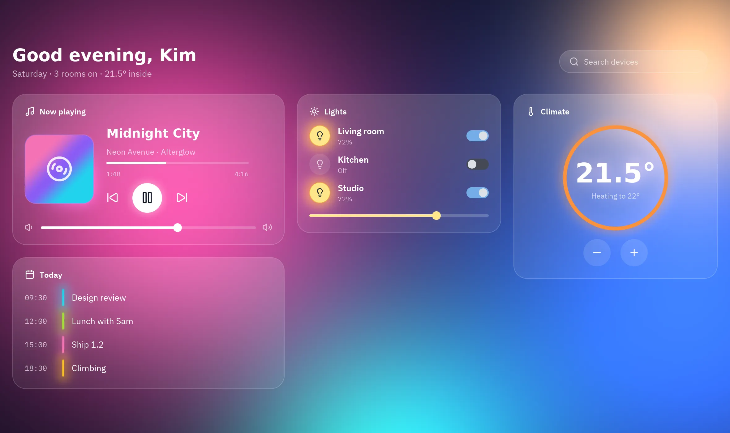 A control center made of frosted glass panels over a colorful background