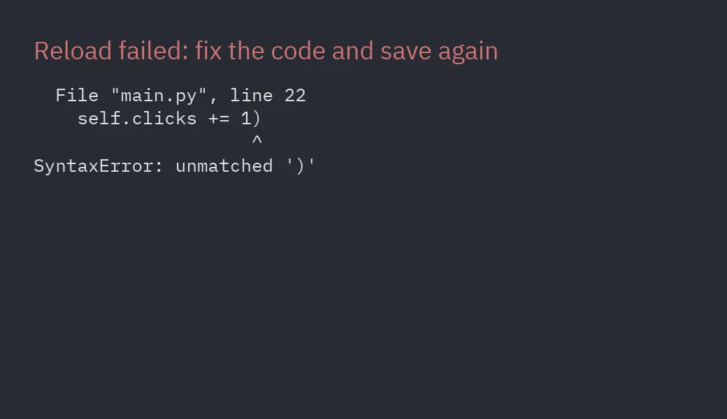 A failed reload shows the error inside the window