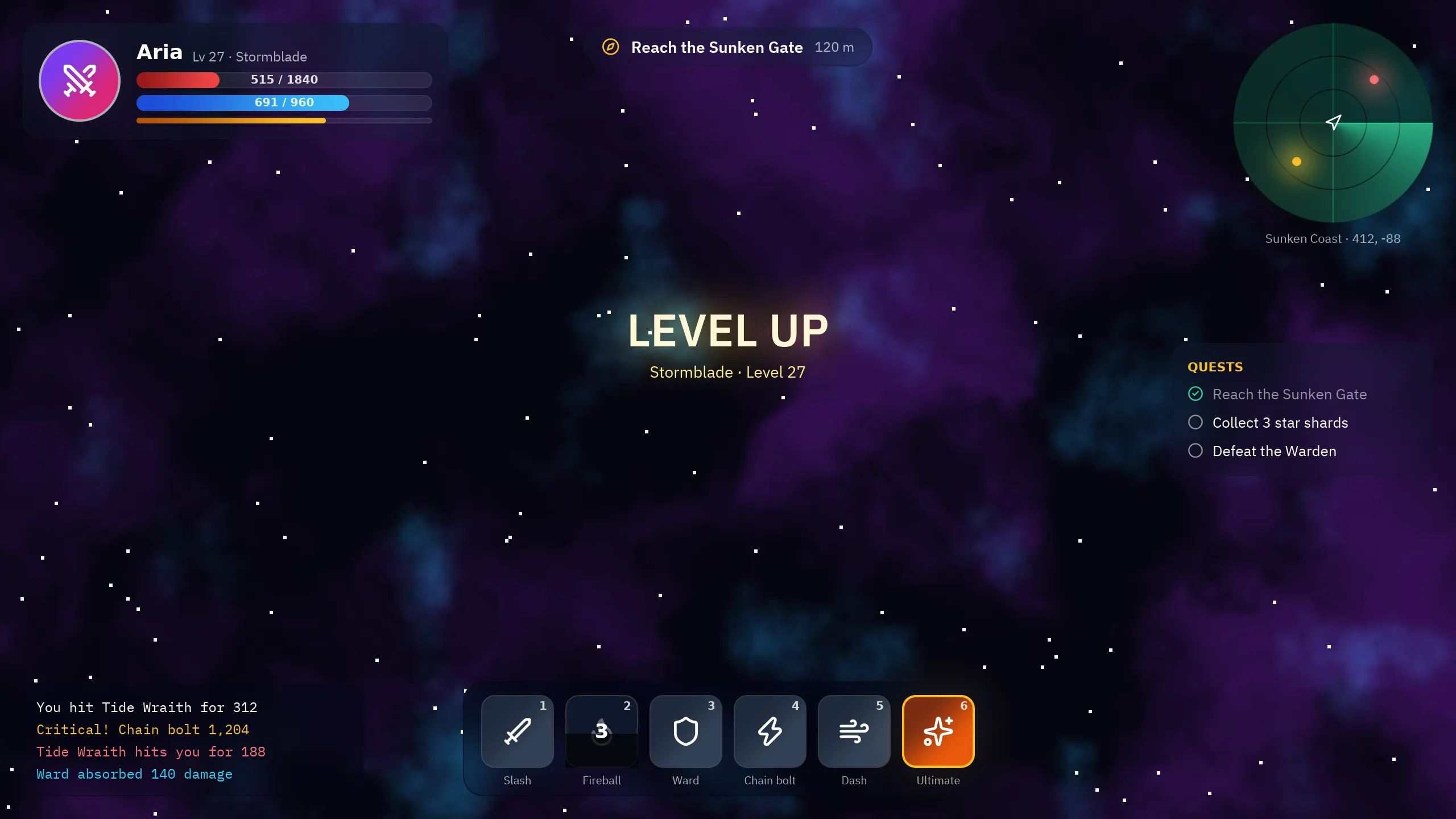 A game HUD with health and mana bars, a radar minimap and an ability bar