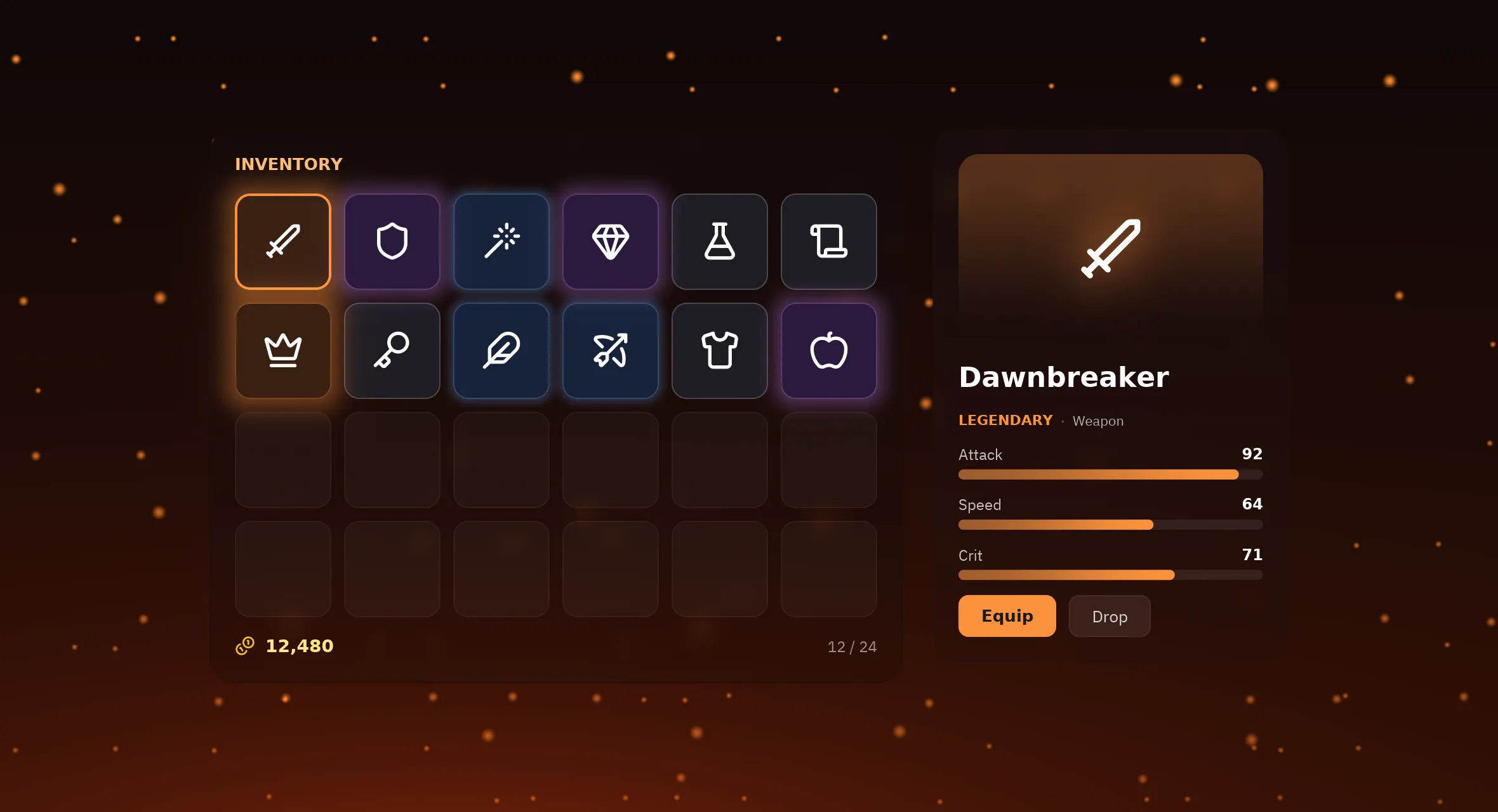 An RPG inventory where rare items glow