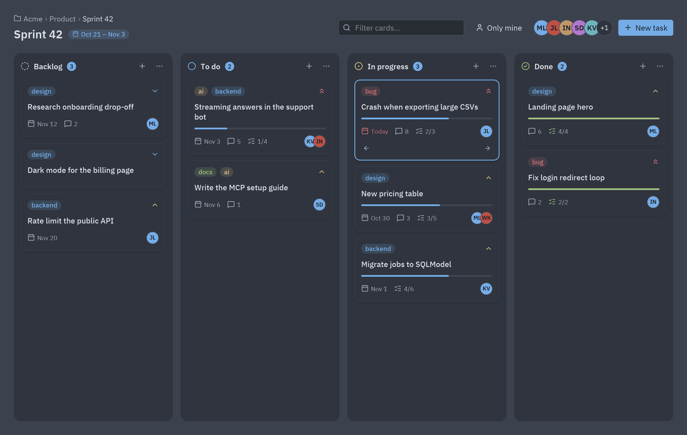 A kanban board with three columns of cards