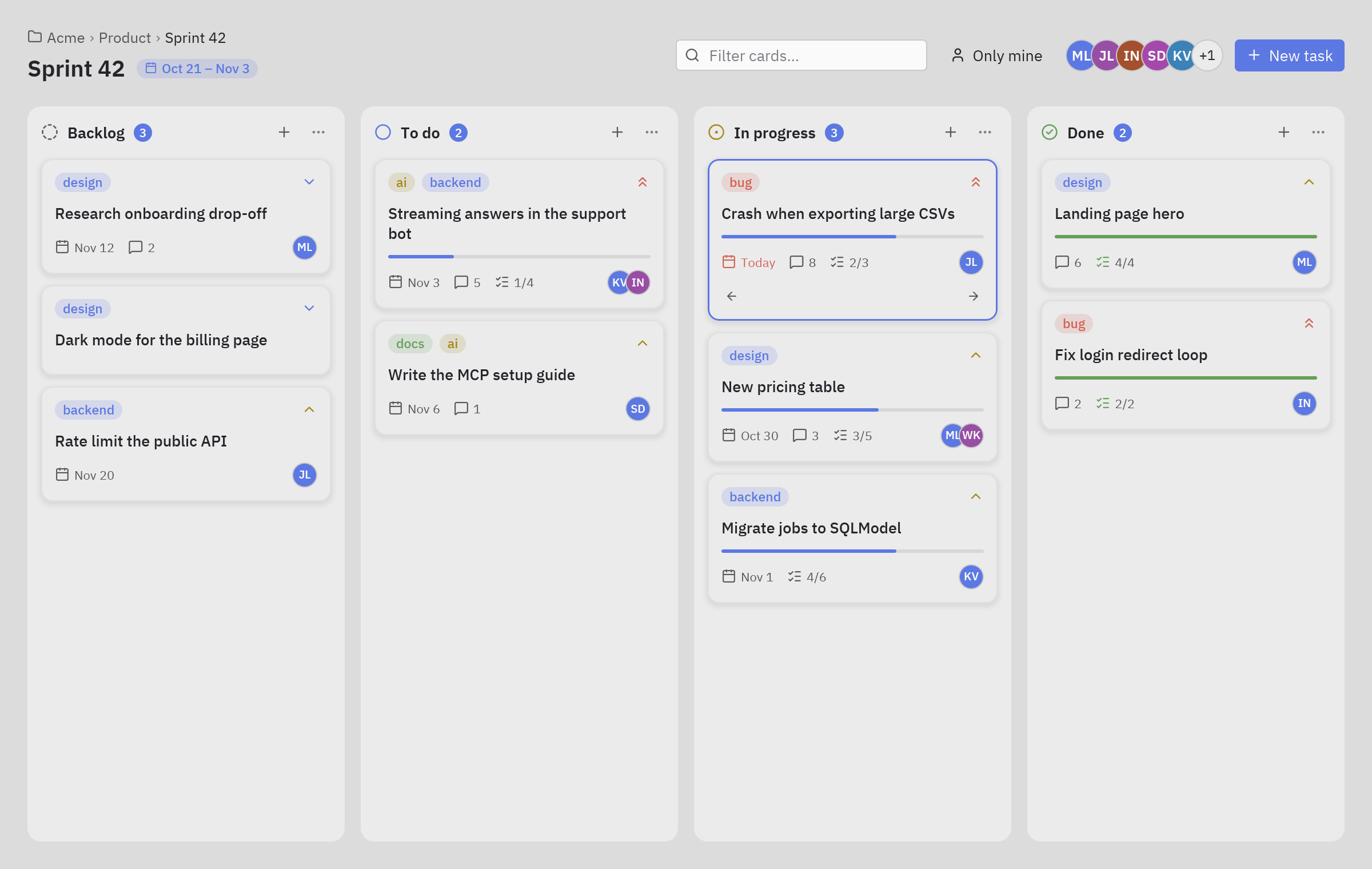 A kanban board with three columns of cards
