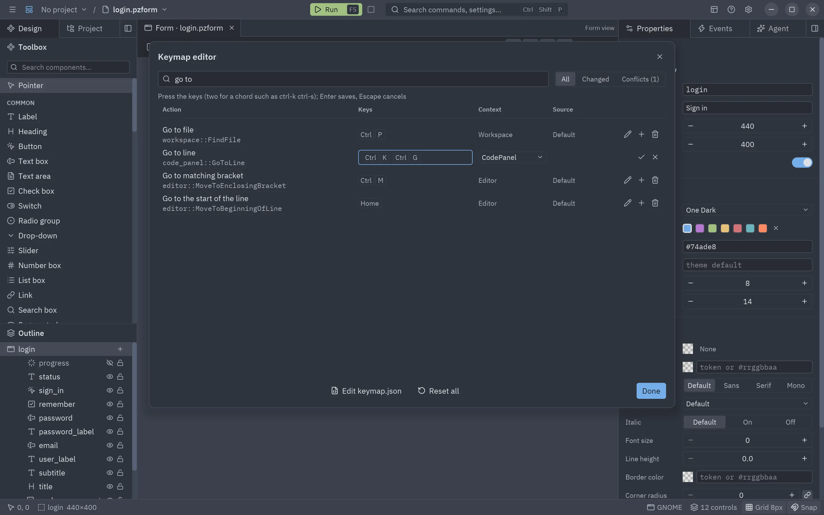 Recording Ctrl+K Ctrl+G for Go to line in the code panel