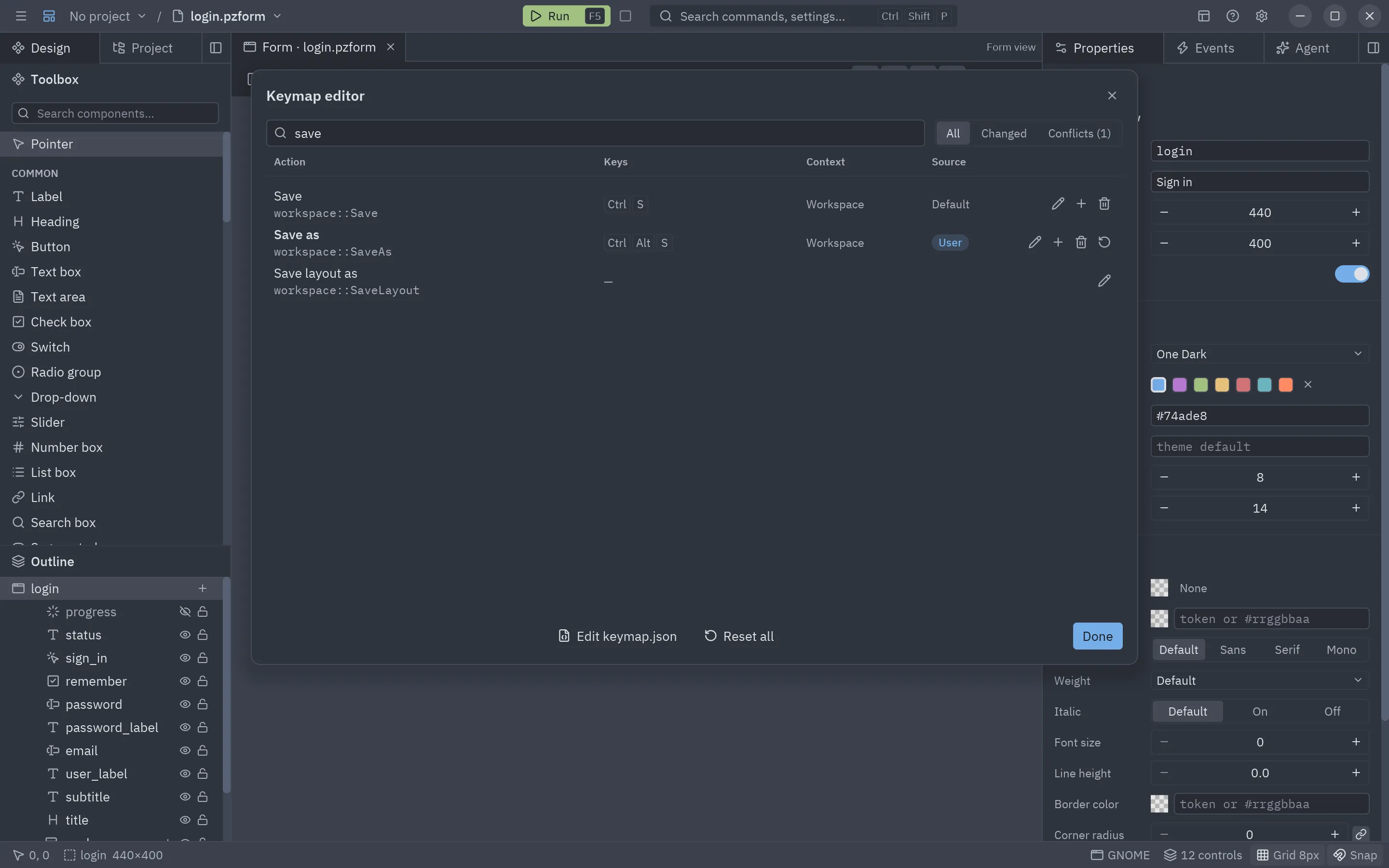 The keymap editor searching for “save”: Save with its default keys and Save as with keys the user changed