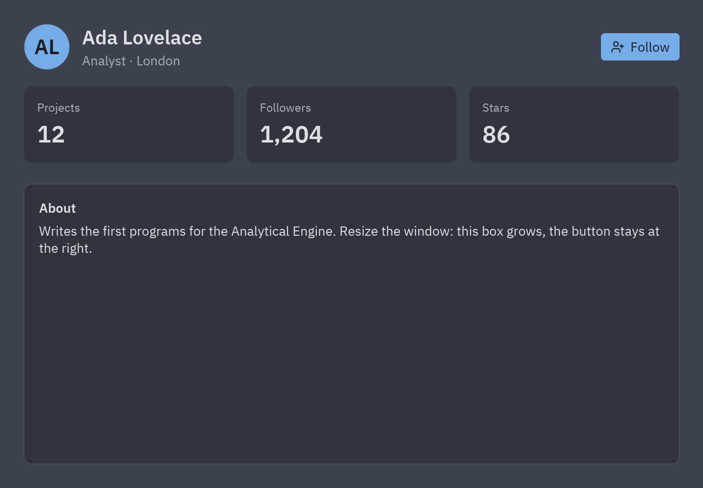 A profile page: avatar and name, a Follow button at the right, three stat cards and an About box