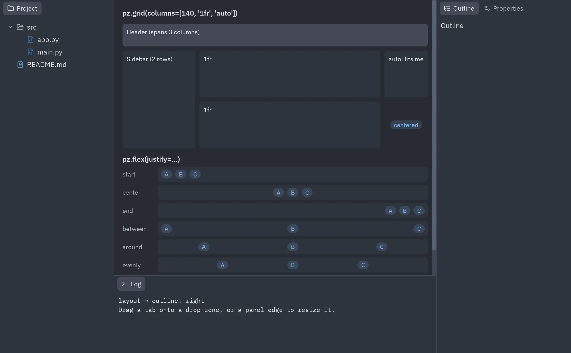A grid layout with a spanning header and flex rows