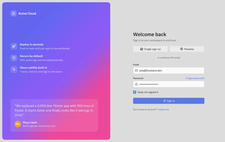 Login: Python screen built with Pyzed