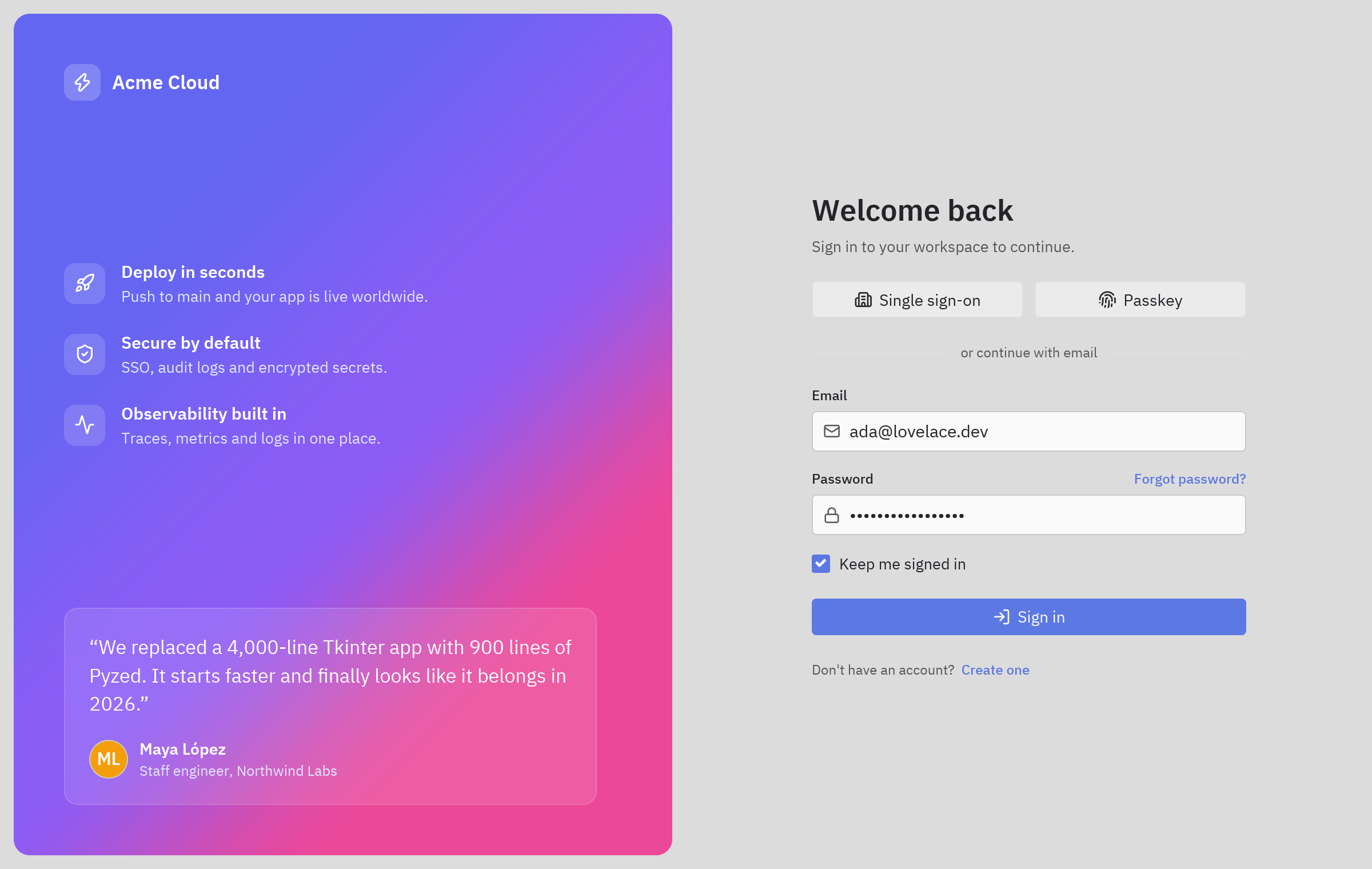 A split login screen with a brand panel and a sign-in form