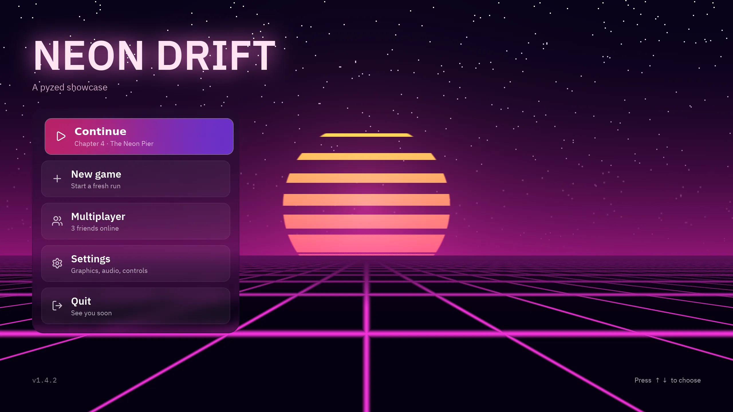 A synthwave game main menu with a glowing title and glass buttons over an animated shader