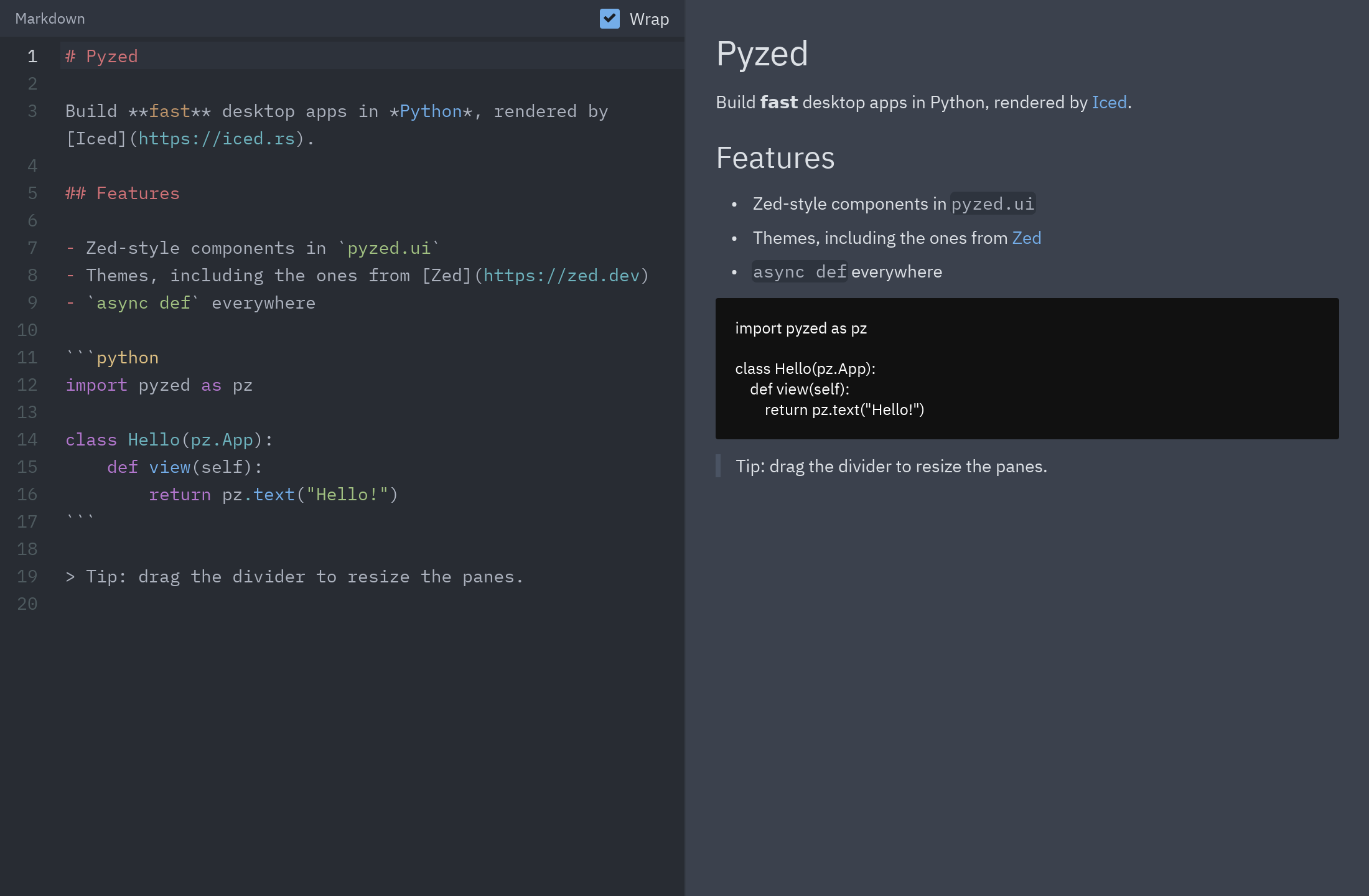Markdown source on the left and its preview on the right