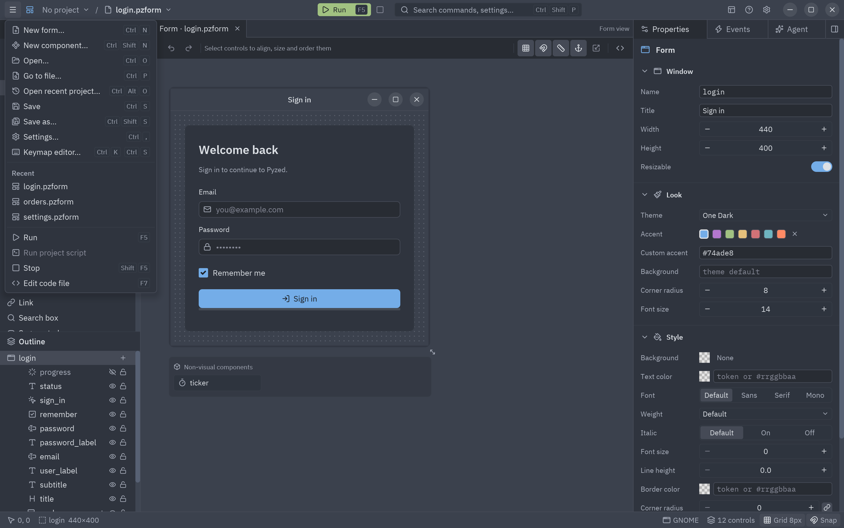 The ☰ menu open with File and Run commands and recent files