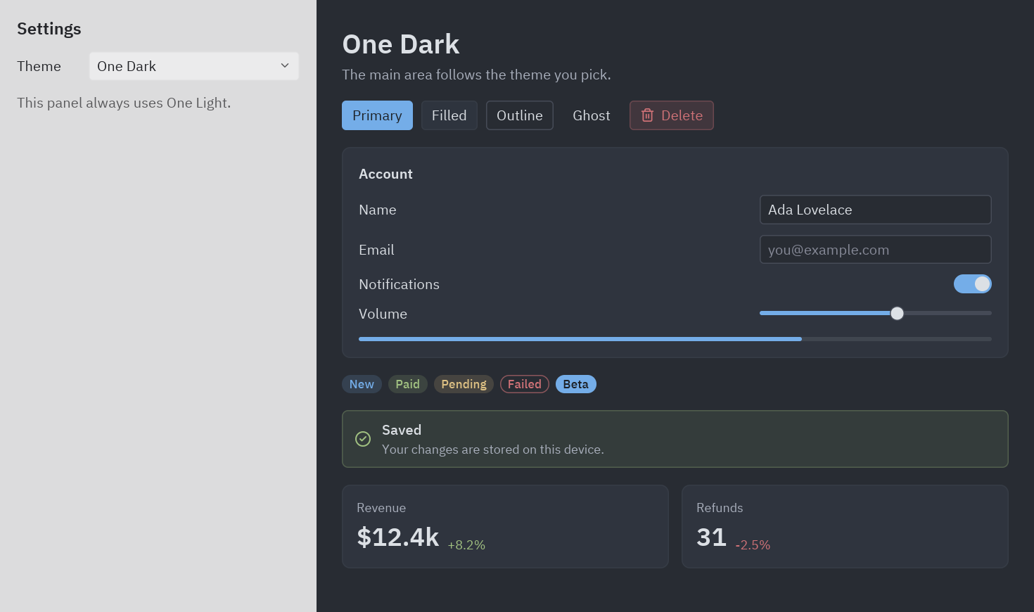A light settings sidebar next to a dark main area