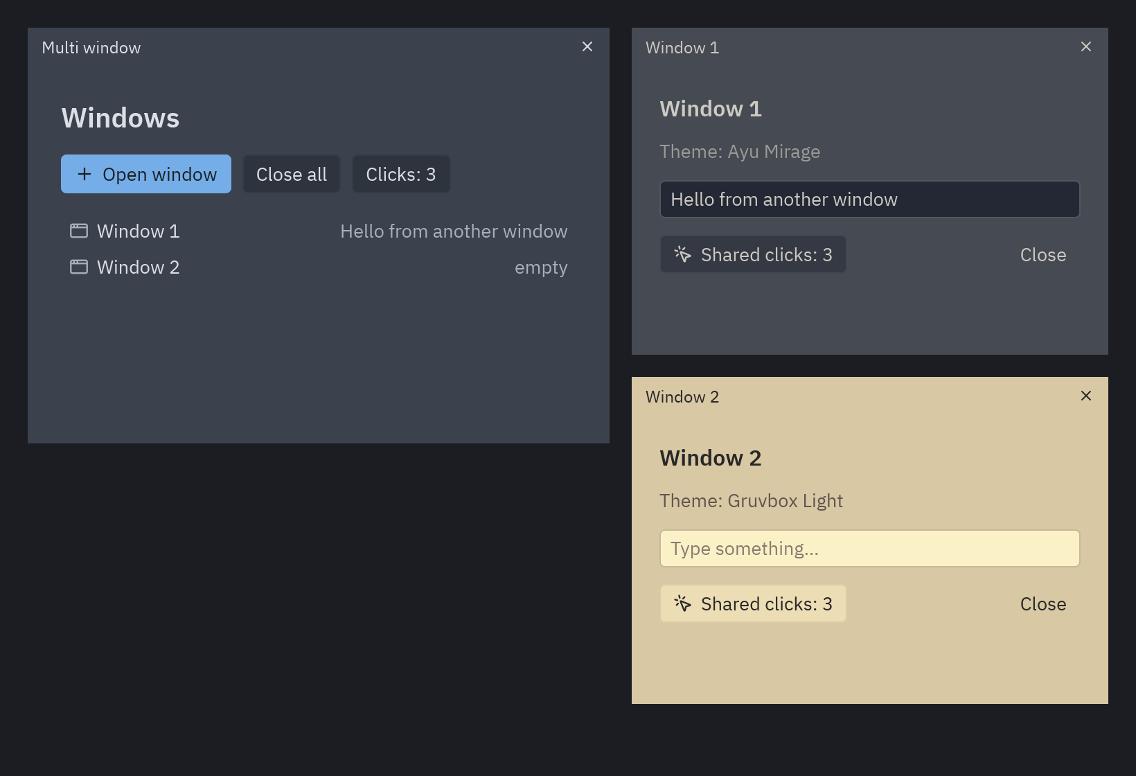 The main window and two more windows, one in Ayu Mirage and one in Gruvbox Light, sharing the same click count