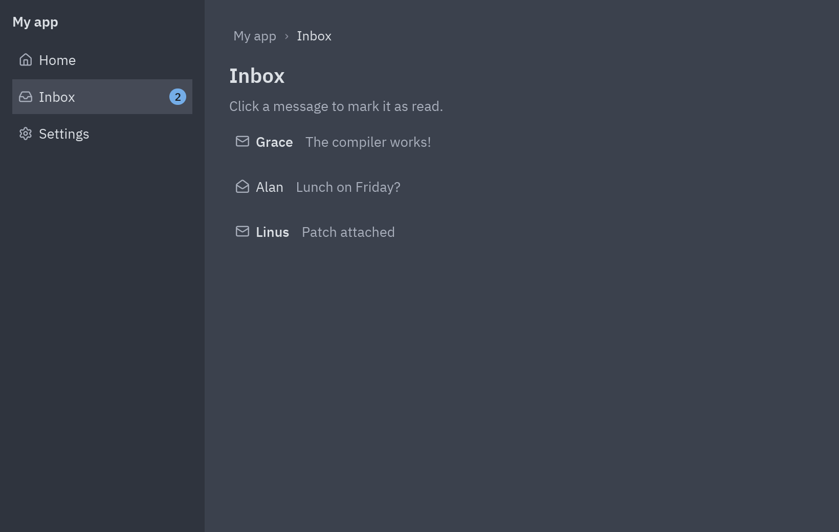 The app with a sidebar: Home, Inbox (selected, with a badge) and Settings, and the inbox messages