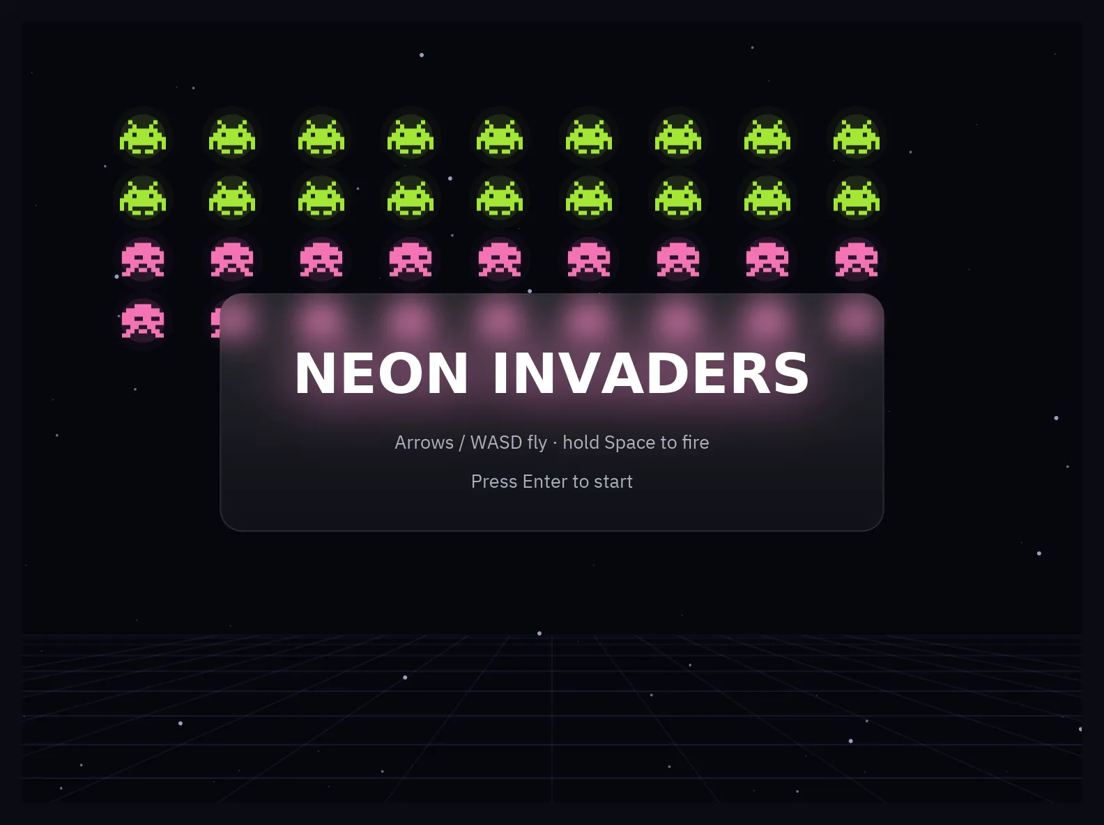 The title screen: a glass card with a pulsing neon title