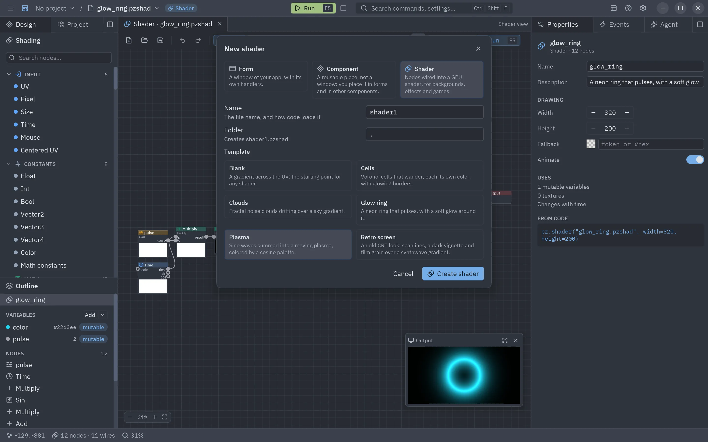 The New shader dialog with its templates