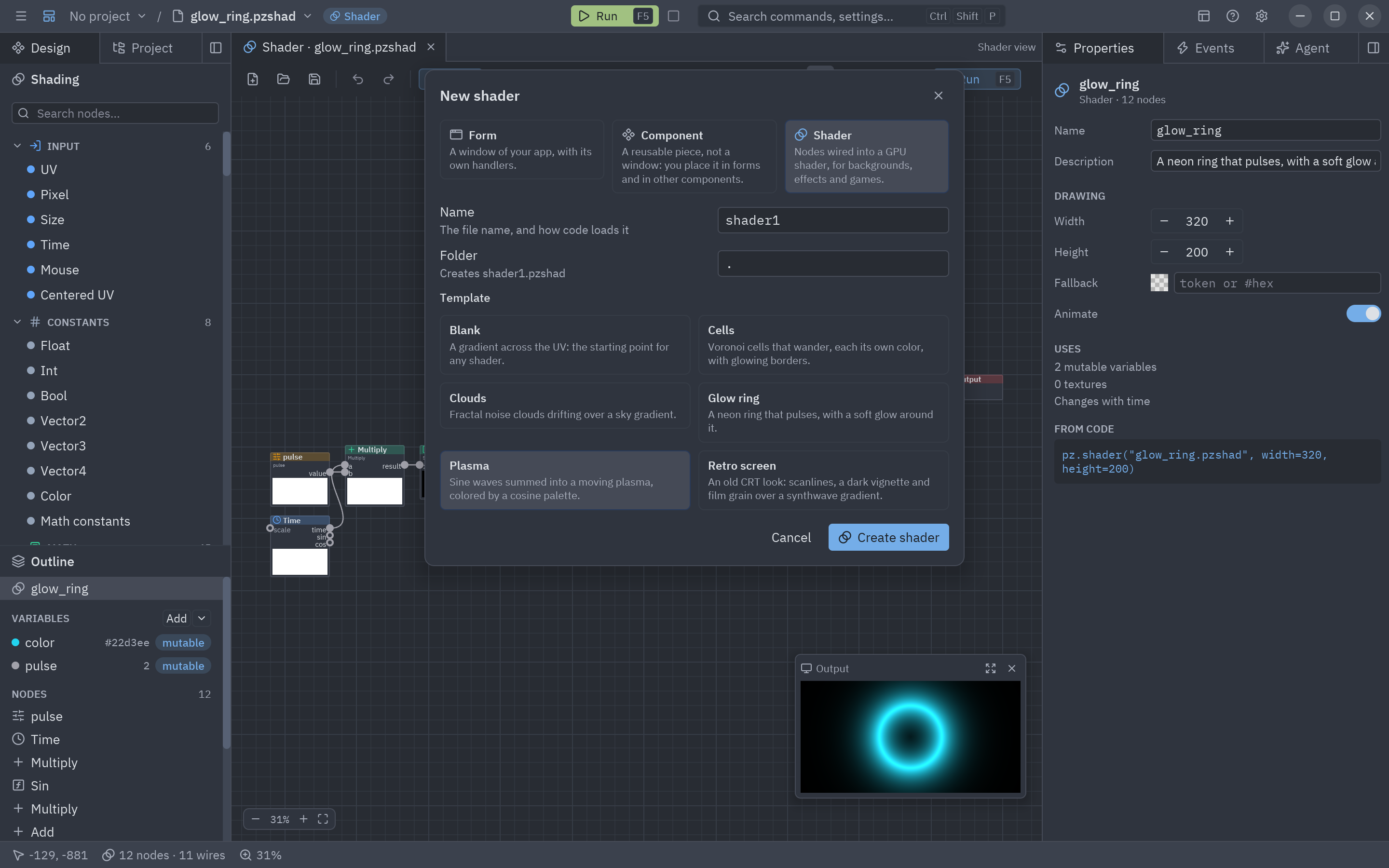 The New shader dialog with its templates