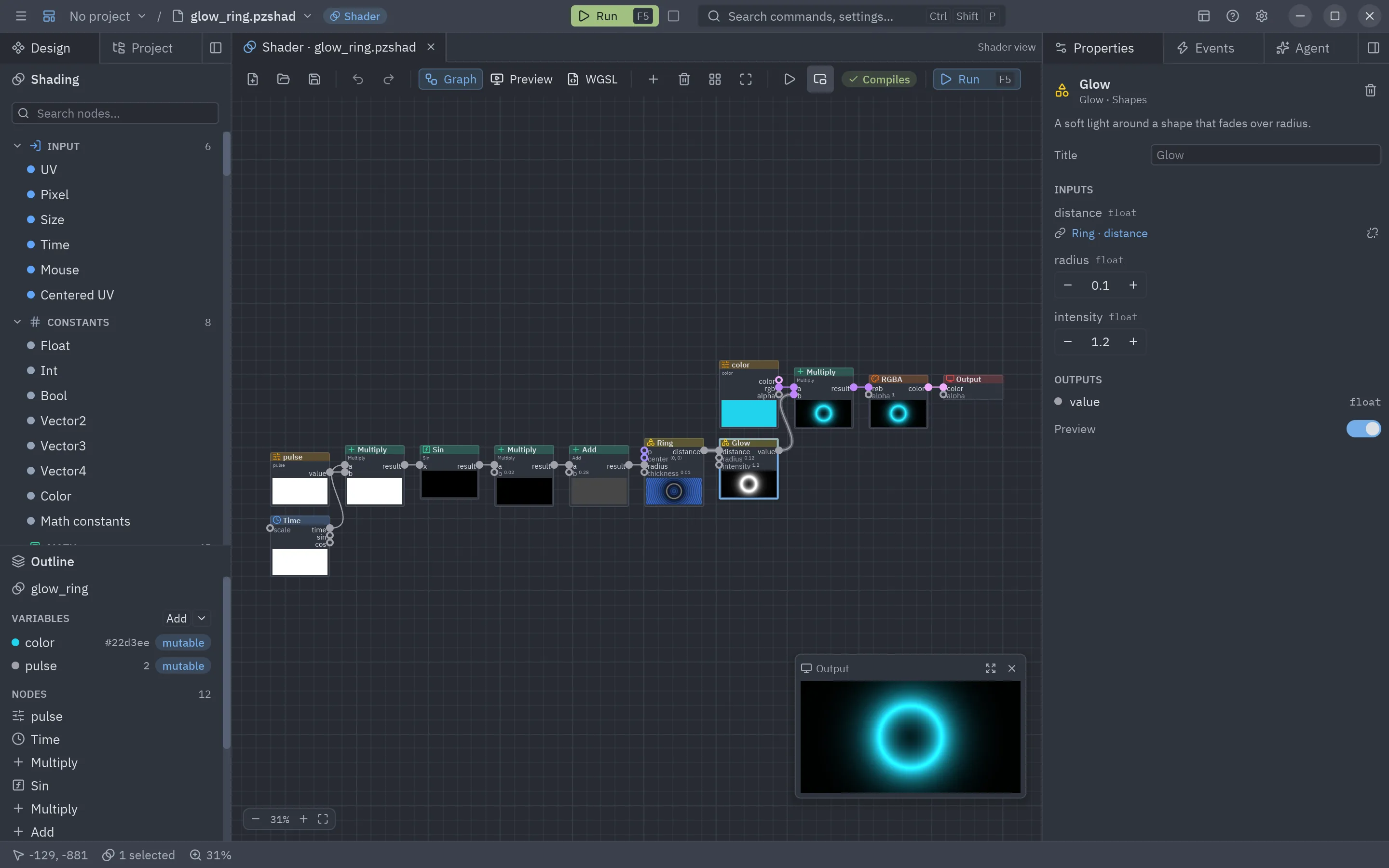 The Properties panel of a Glow node: its title, its inputs with the wire from Ring and two values, and its output