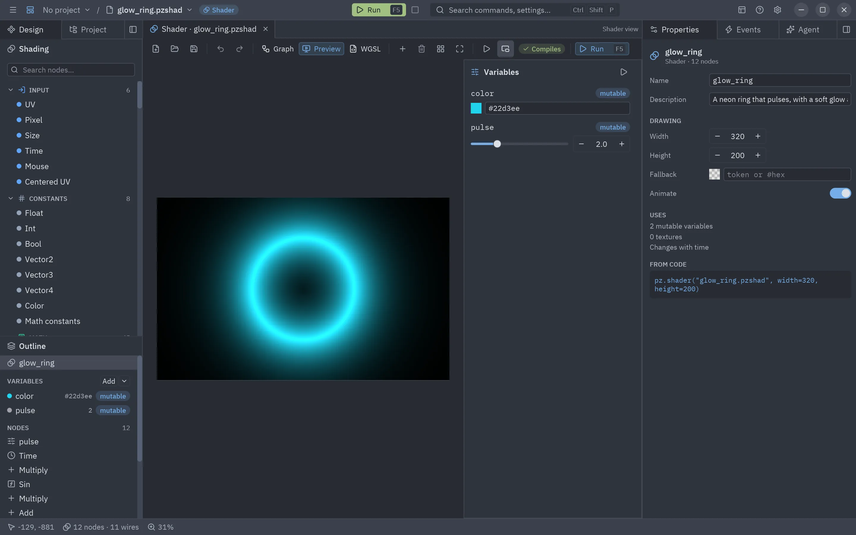 The Preview tab with a slider per variable, and a variable in the Properties panel