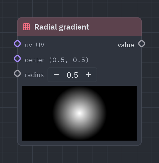 The Radial gradient node as it looks in the Shader view, with its preview