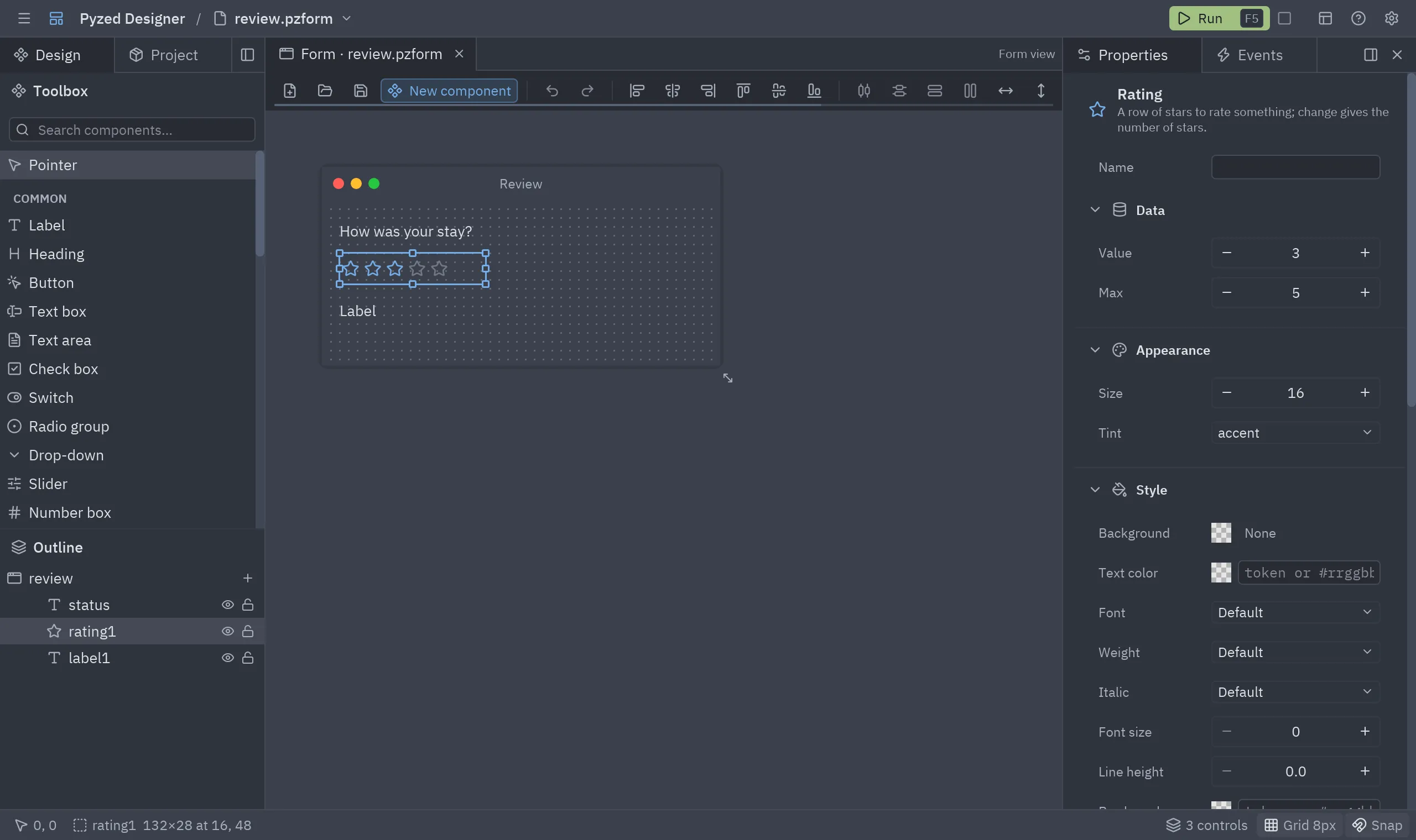The Rating control selected in Pyzed Design